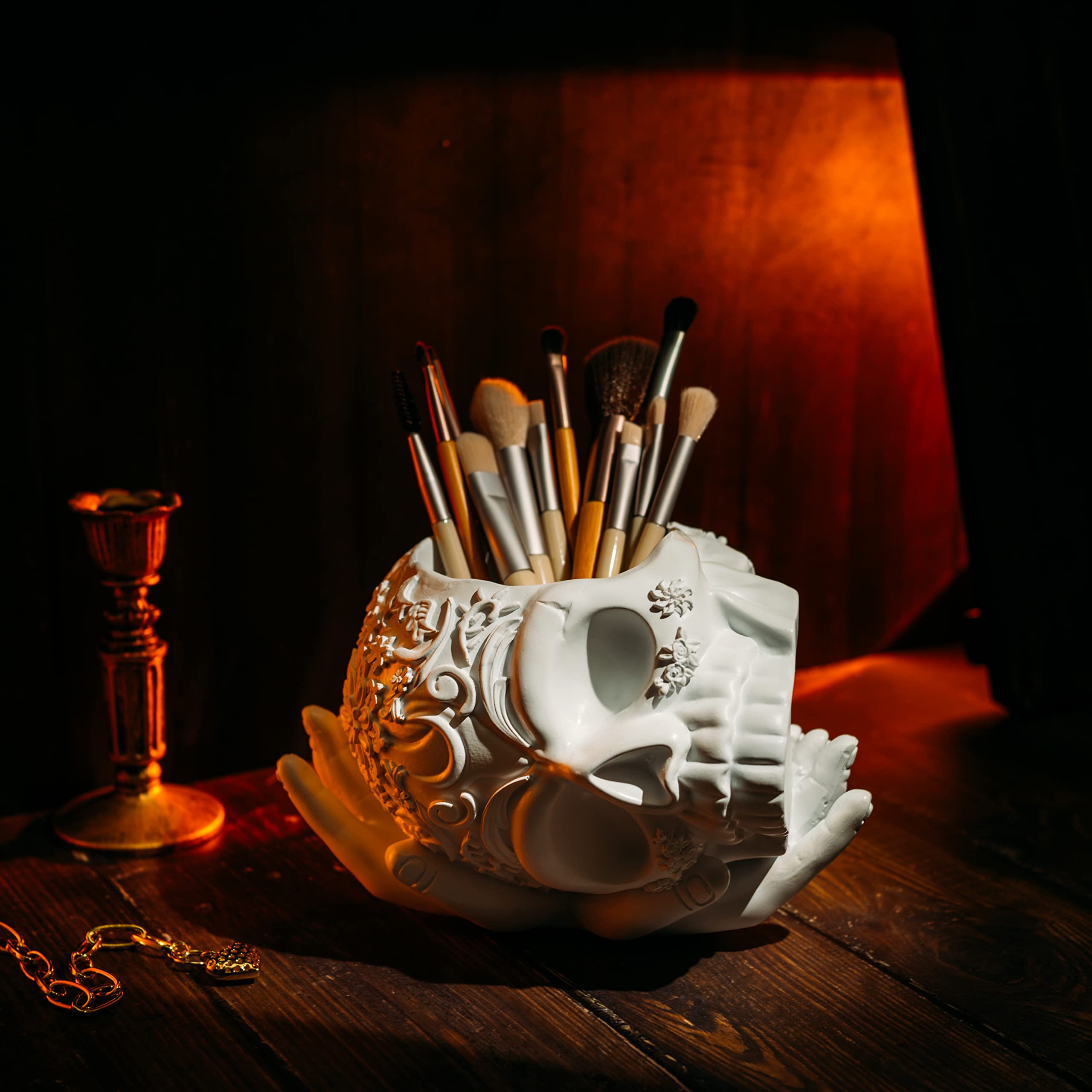 Gothic Skull Makeup Brush & Pen Holder - Extra Large Resin Organizer for Bathroom Decor, Spooky Goth Decor with Skeleton Bones - Perfect for Halloween, Themed Parties & Dark Aesthetic Room Setup