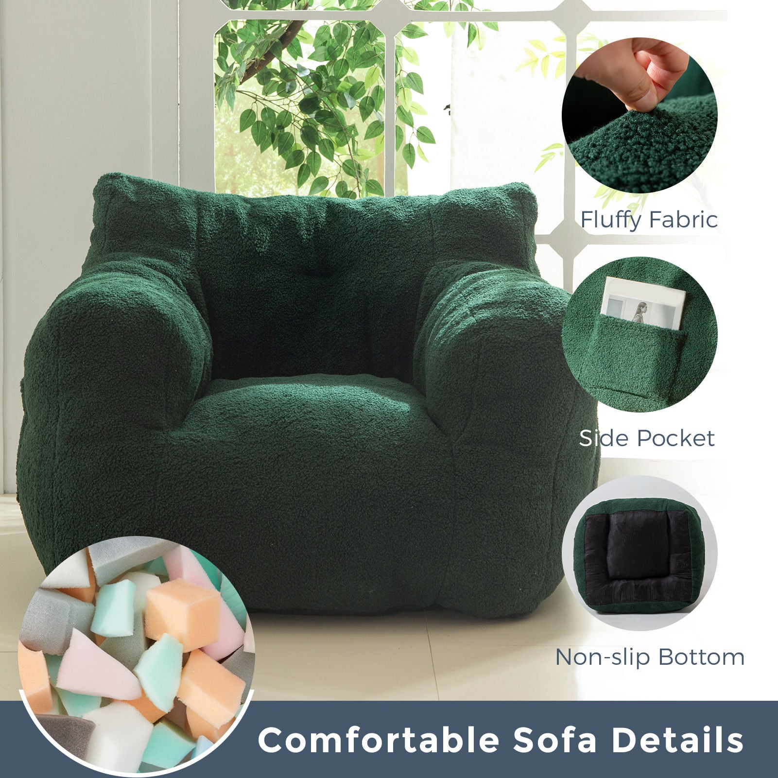 MAXYOYO Sherpa Bean Bag Chair - Boucle Tufted Oversized Bean Bag Sofa for Living Room, Bedroom & Game Room - Plush Lazy Chair for Adults & Kids - Soft Green Cozy Seating for Relaxing, Reading & Lounging