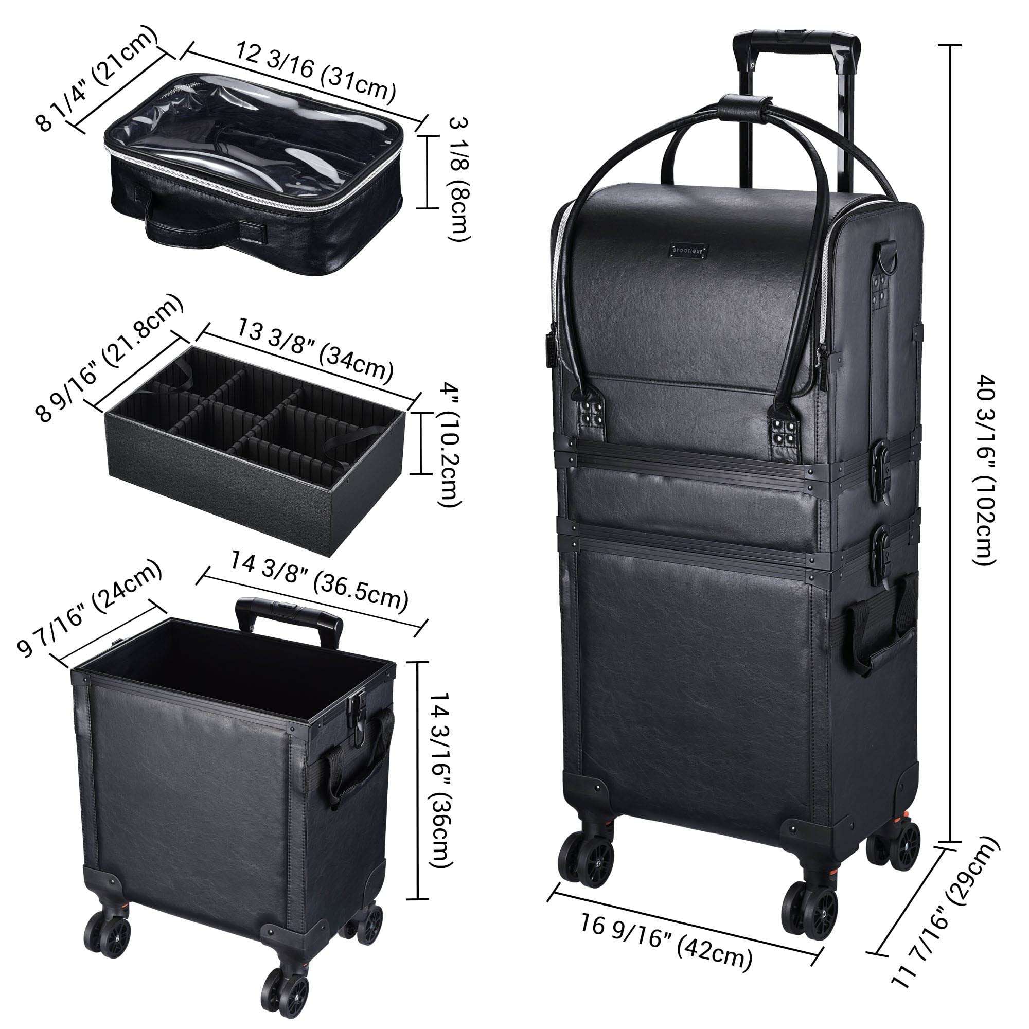 BYOOTIQUE 3-in-1 Rolling Makeup Case - Professional Lockable Cosmetic Trolley with Removable Organizer & Travel Bag - Classic Black for Makeup Artists, Salon Professionals & Travel - Perfect for On-the-Go Beauty Services, Bridal Makeup & Cosmetic Storage