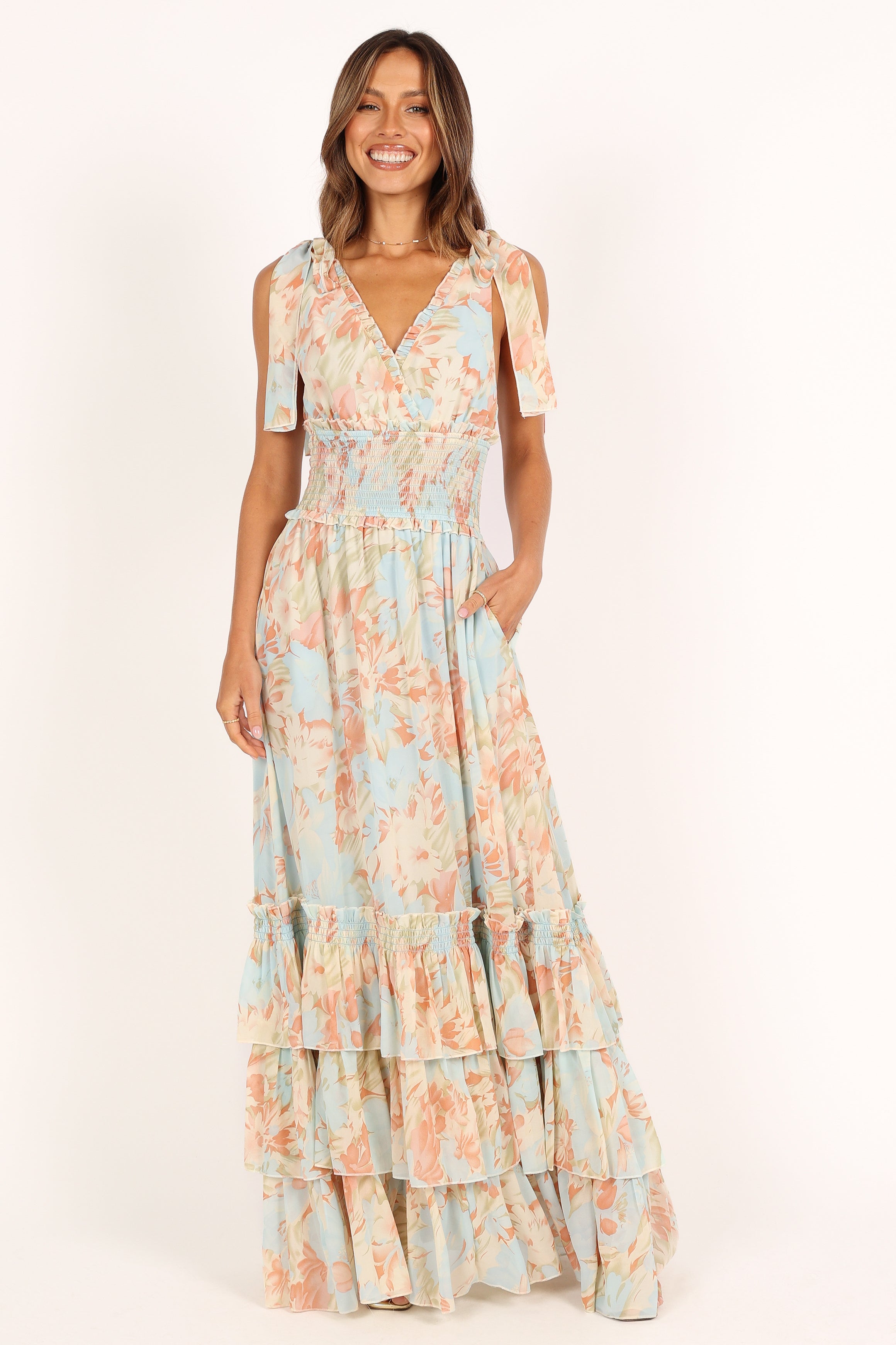 Christabel Women's Blue Floral Tiered Maxi Dress - Elegant Boho Summer Beach Dress for Vacations, Weddings & Outdoor Events