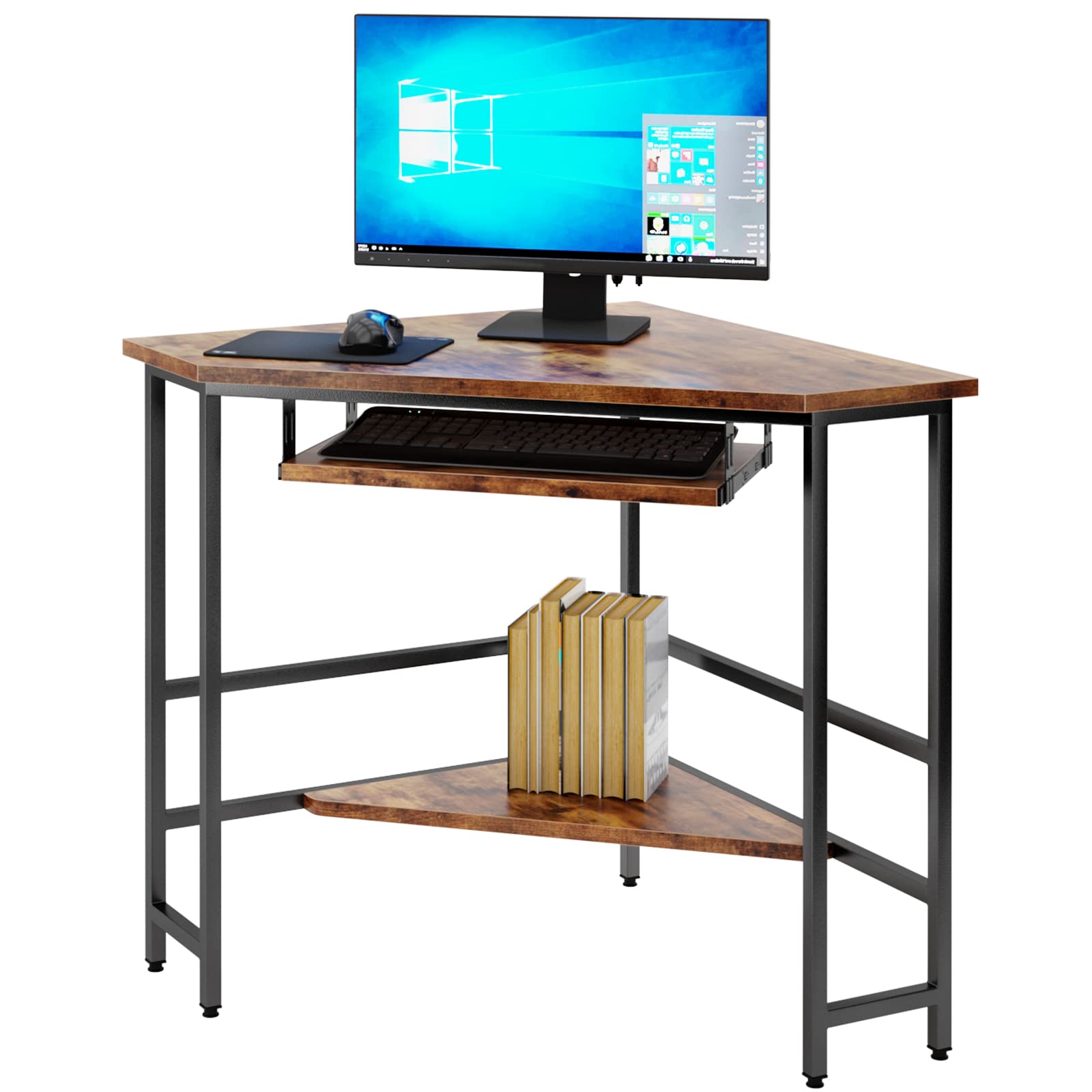 DlandHome Triangle Corner Computer Desk with Keyboard Tray - Compact L-Shaped PC Workstation for Small Spaces, Home Office Desk with Storage Shelf | Perfect for Gaming, Study & Remote Work