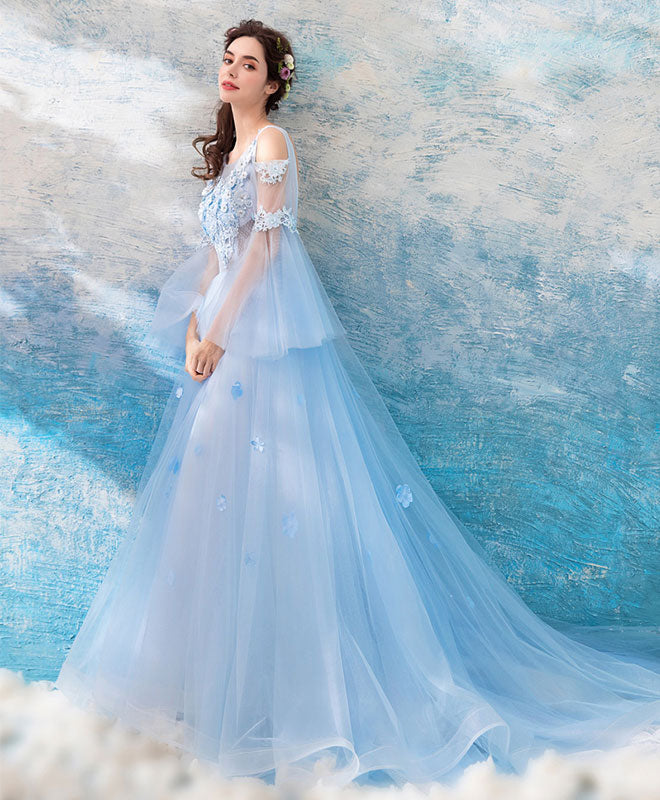 Elegant Blue Round Neck Tulle Lace Long Prom Dress - Formal Evening Gown for Homecoming, Ball, Wedding & Special Occasions