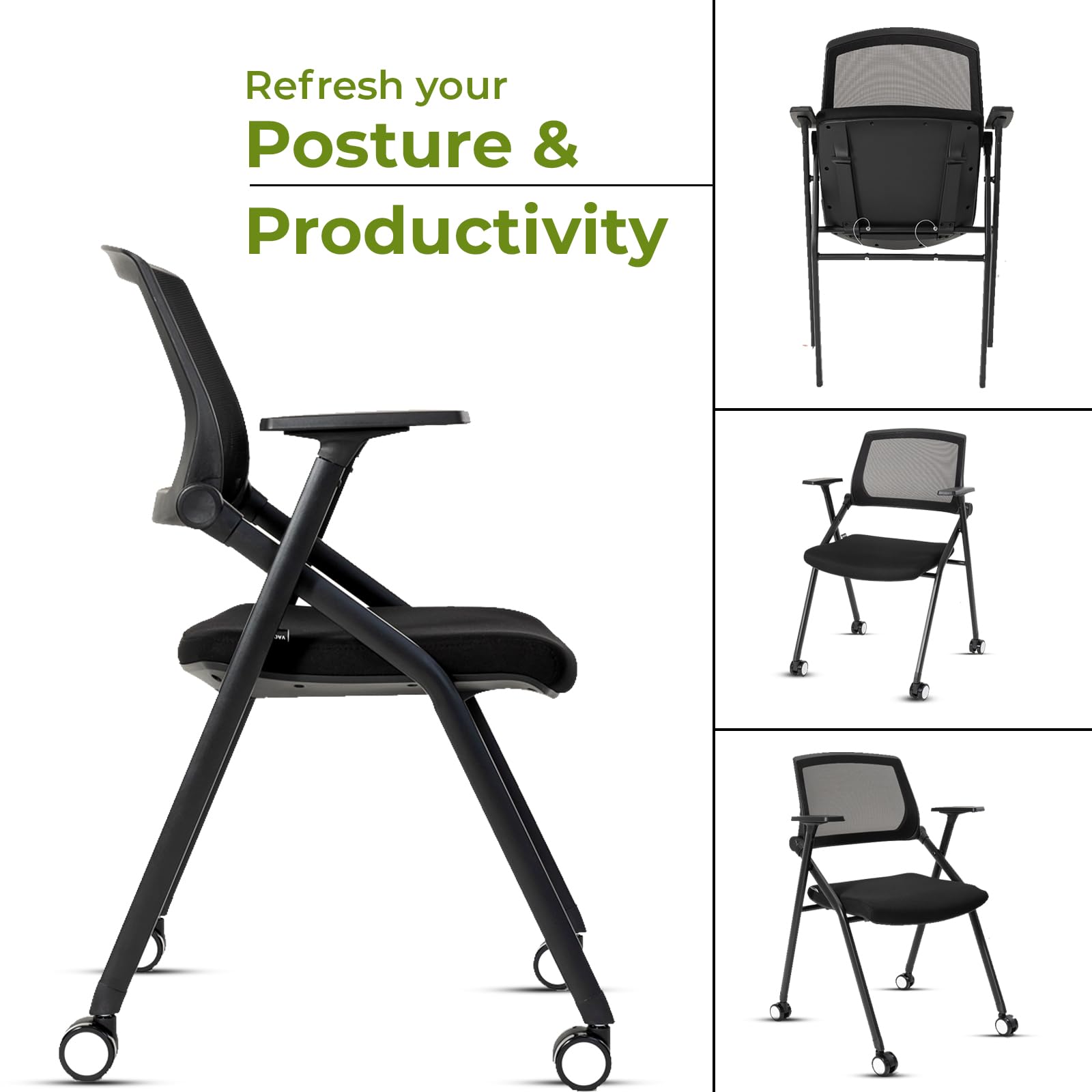 10 Pack Black Conference Room Chairs with Wheels & Adjustable Armrests - Foldable Stackable Office Chairs for School, Church, Waiting Room & Meeting Spaces