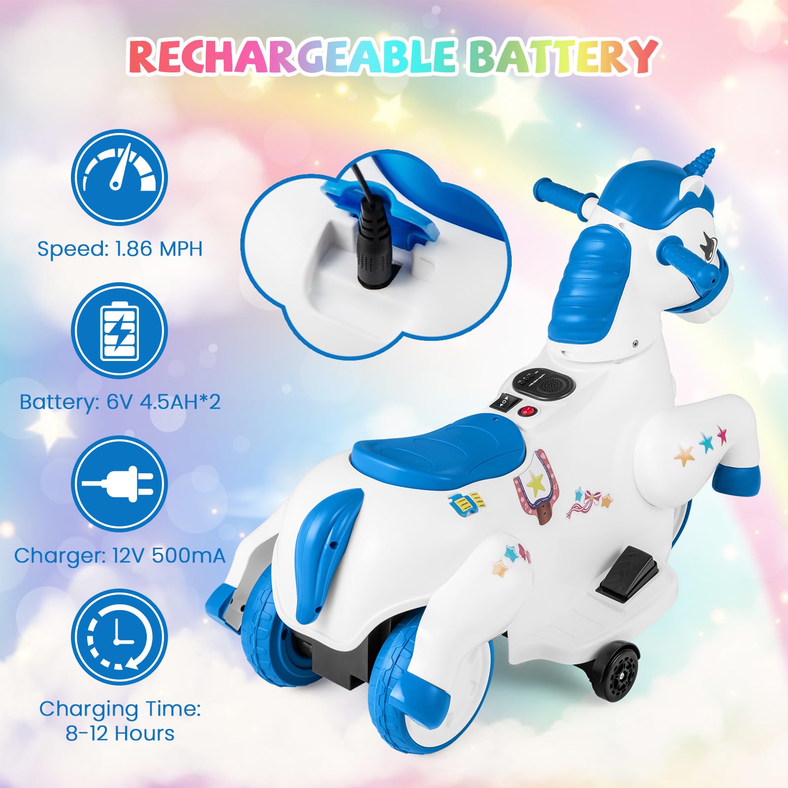 HONEY JOY 12V Unicorn Ride-On Toy for Kids - 3-Wheel Battery Powered Electric Pony Car with Training Wheels, Music & Up/Down Motion - Perfect Birthday Gift for Boys & Girls (Blue) - Great for Indoor Play, Backyard Fun & Preschool Learning Activities