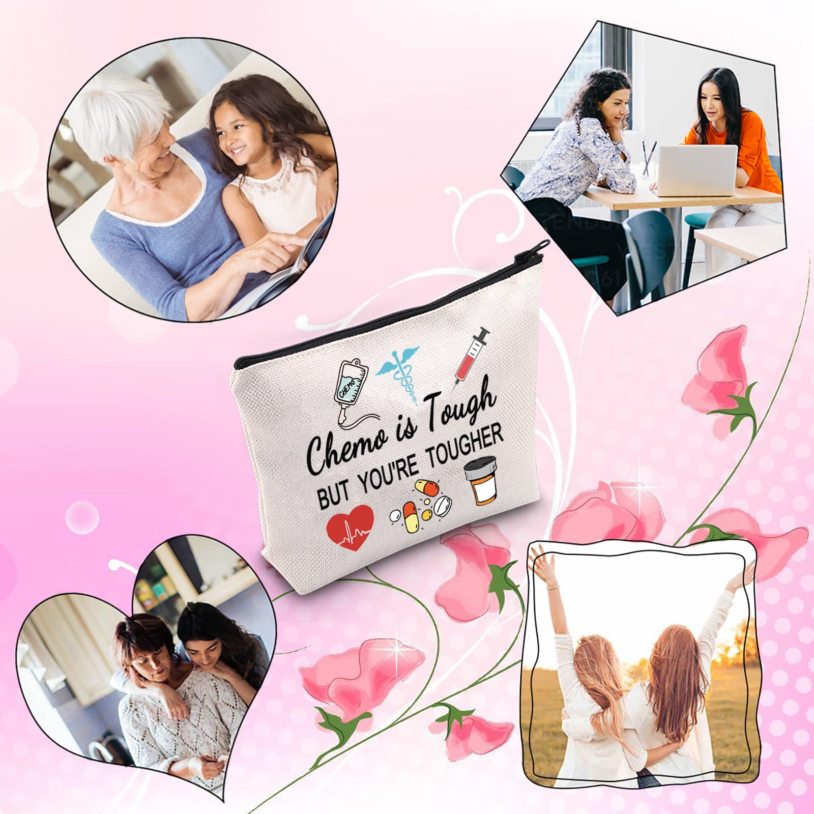 FOTAP Chemo Care Package - Chemotherapy Gift Set with Makeup Bag for Cancer Patients - Inspirational 'Chemo is Tough But You're Tougher' Design (White) - Perfect for Hospital Visits, Recovery Support & Encouragement Gifts