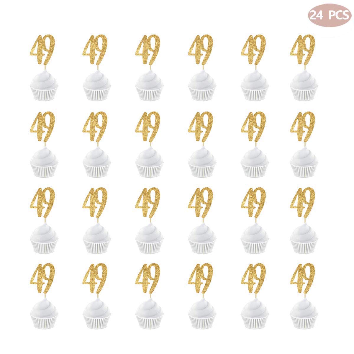 24-Pack Gold Glitter Number 49 Cupcake Toppers - Happy 49th Birthday Party Decorations for Anniversary Celebrations, Cake Decor, and Special Occasions