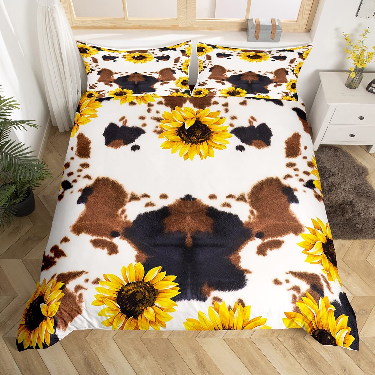 Cow Print Bedding Set for Kids & Adults - White Brown Black Cowhide Duvet Cover Twin/Full/Queen - Farmhouse & Western Decor - Sunflower Floral Design - Soft Comfy Quilt Cover for Boys, Girls, Women - Perfect for Farmhouse Bedroom, Kids Room, Dorm, Guest Room & Western Themed Decor