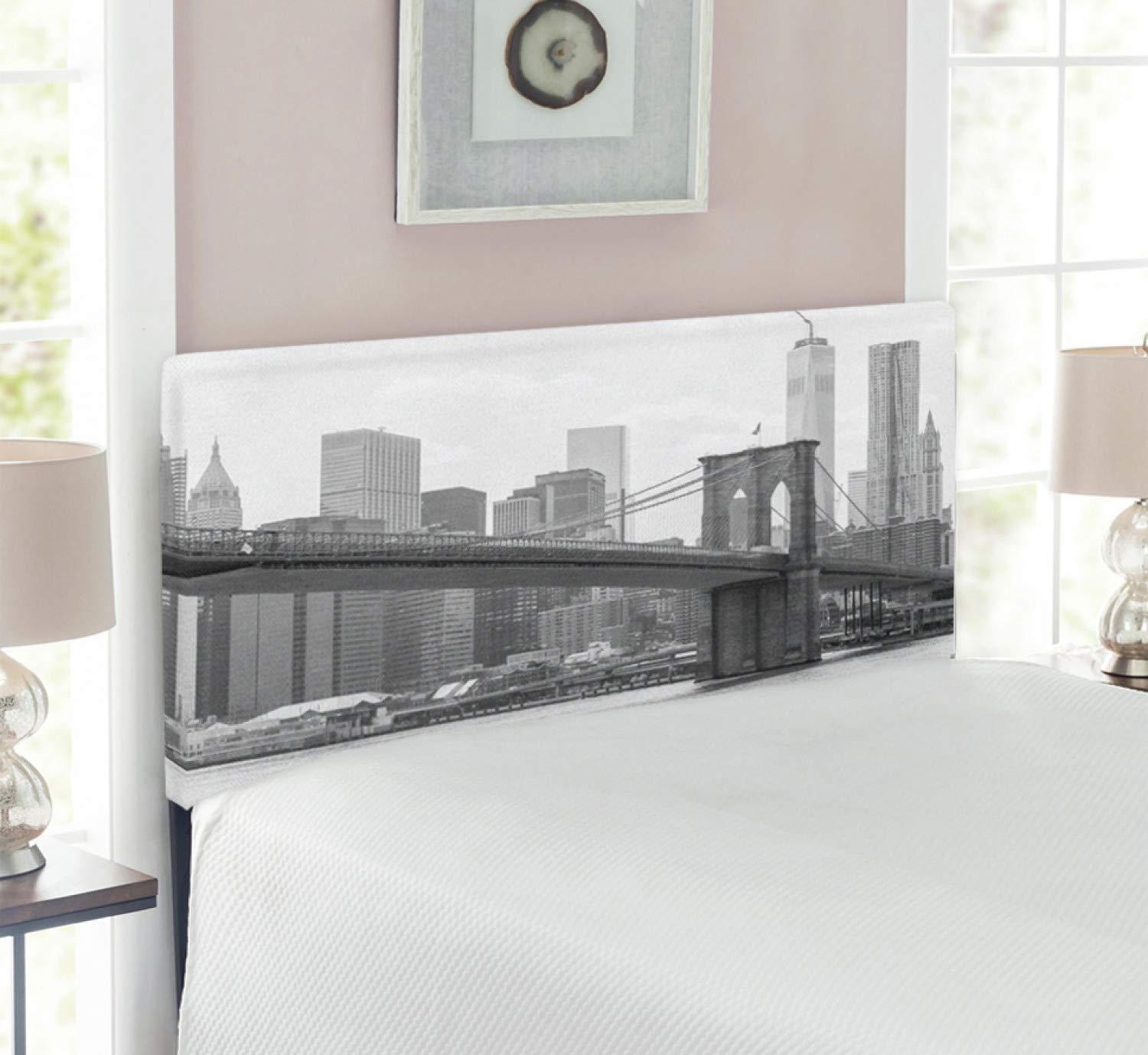 Ambesonne Upholstered Landscape Headboard - Brooklyn Bridge & NYC Skyline Design, Twin Size Grey White Memory Foam Bed Headboard for Modern Bedroom Decor | Perfect for Urban Style Home & Apartment Bedrooms