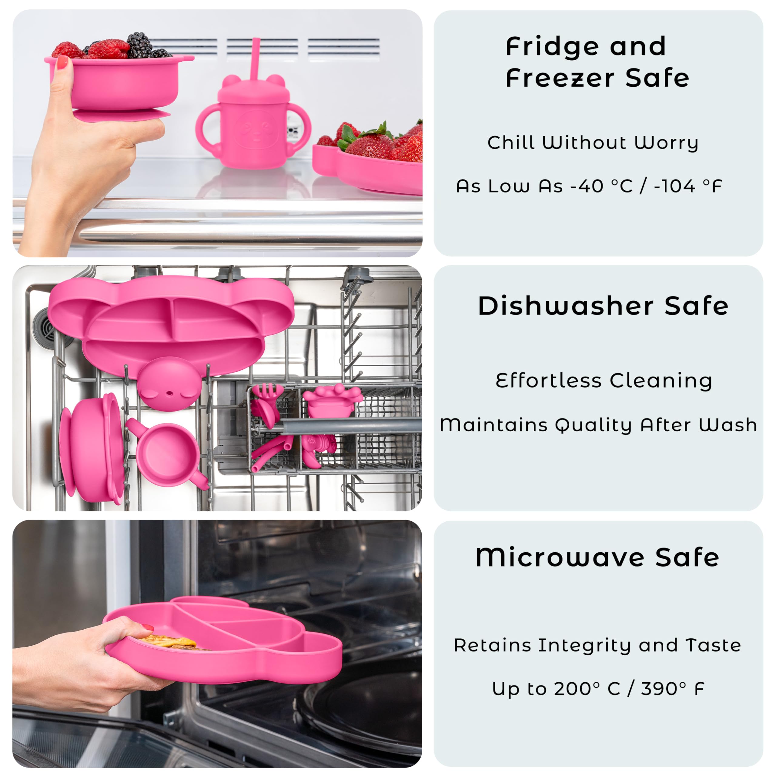 Complete Silicone Baby Led Weaning Set - 15-Piece Animal-Themed Toddler Feeding Essentials with Bib, Suction Plate, Bowl, Forks, Spoons, Sippy Cup & Straws - BPA-Free, Dishwasher Safe - Perfect for First Foods, Self-Feeding & Mess-Free Mealtime - Cheeky Pink