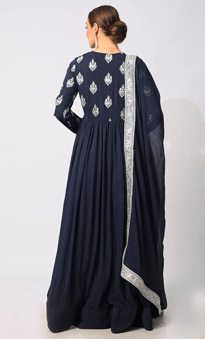Elegant Navy Blue Foil & Zari Embroidered Anarkali Suit with Dupatta - Perfect for Weddings, Festivals & Special Occasions