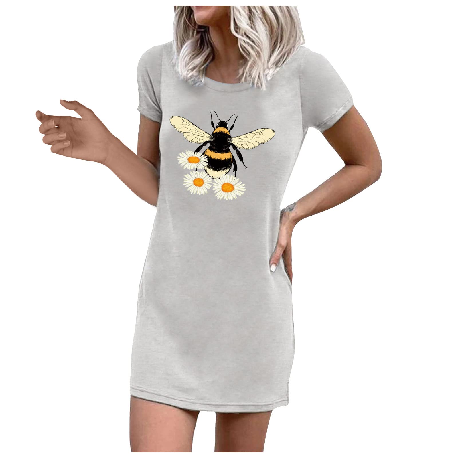 Funny Graphic Summer Dresses for Women - Short Sleeve Crewneck Mini Loose Beach Tunic Dress | Casual Outfit, Vacation Wear, Party Dress
