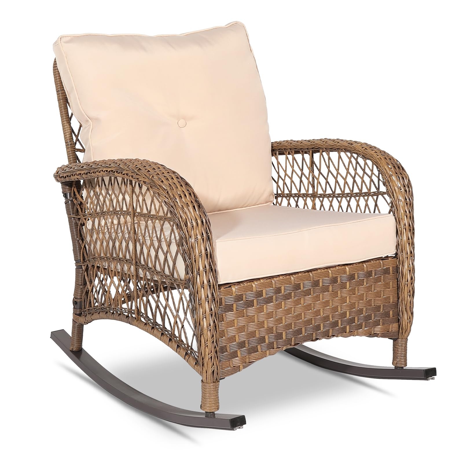 VIVIJASON All-Weather Outdoor Wicker Rocking Chair with Cushions - Patio Rattan Rocker Chair with Durable Steel Frame - Comfortable Garden Backyard Porch Furniture (Beige) - Perfect for Relaxing, Reading & Enjoying Nature