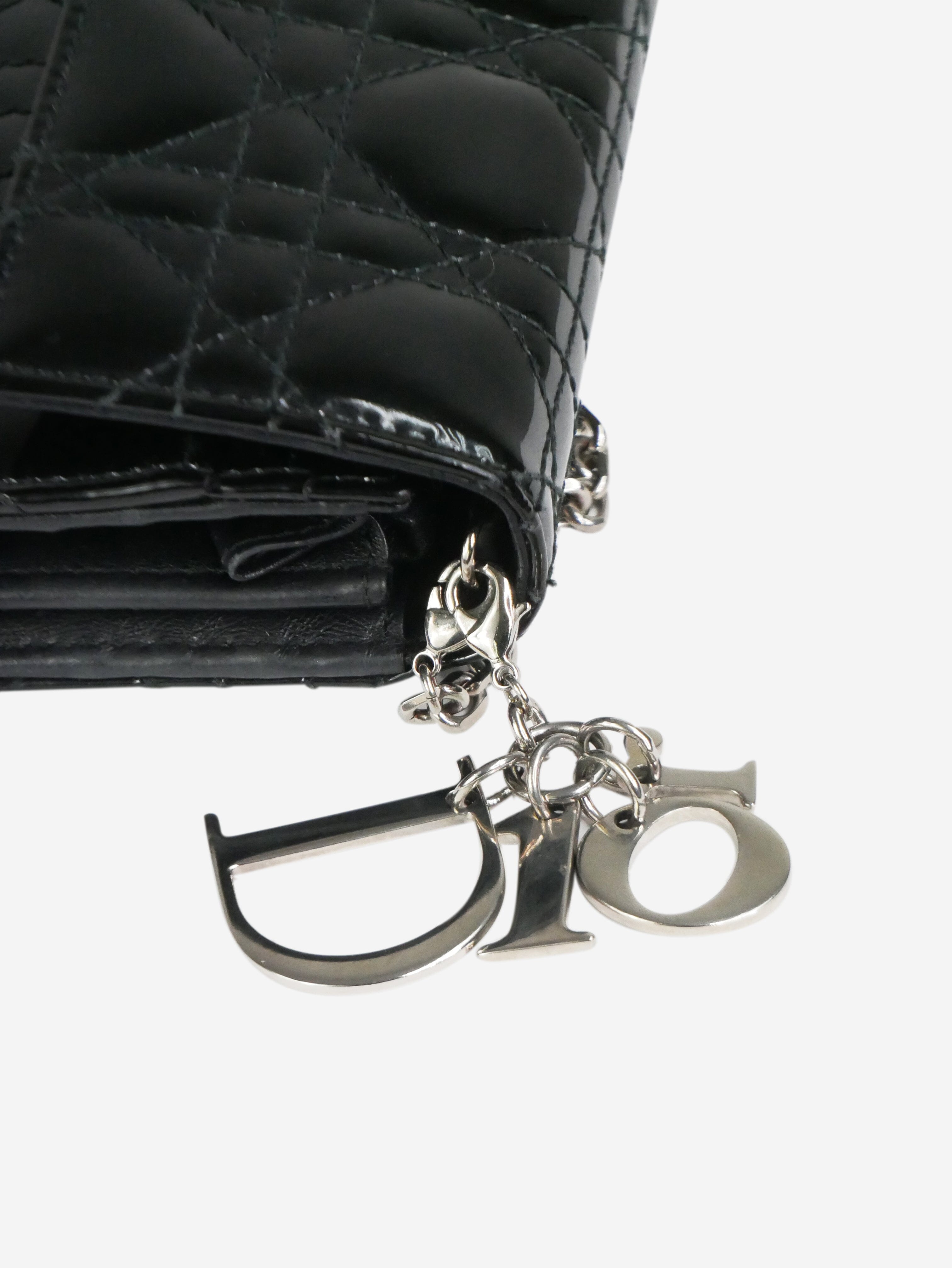 Authentic Lady Dior Wallet On Chain with Silver Hardware - Black Patent Leather Crossbody Bag for Women | Perfect for Evening Parties, Date Nights & Special Occasions