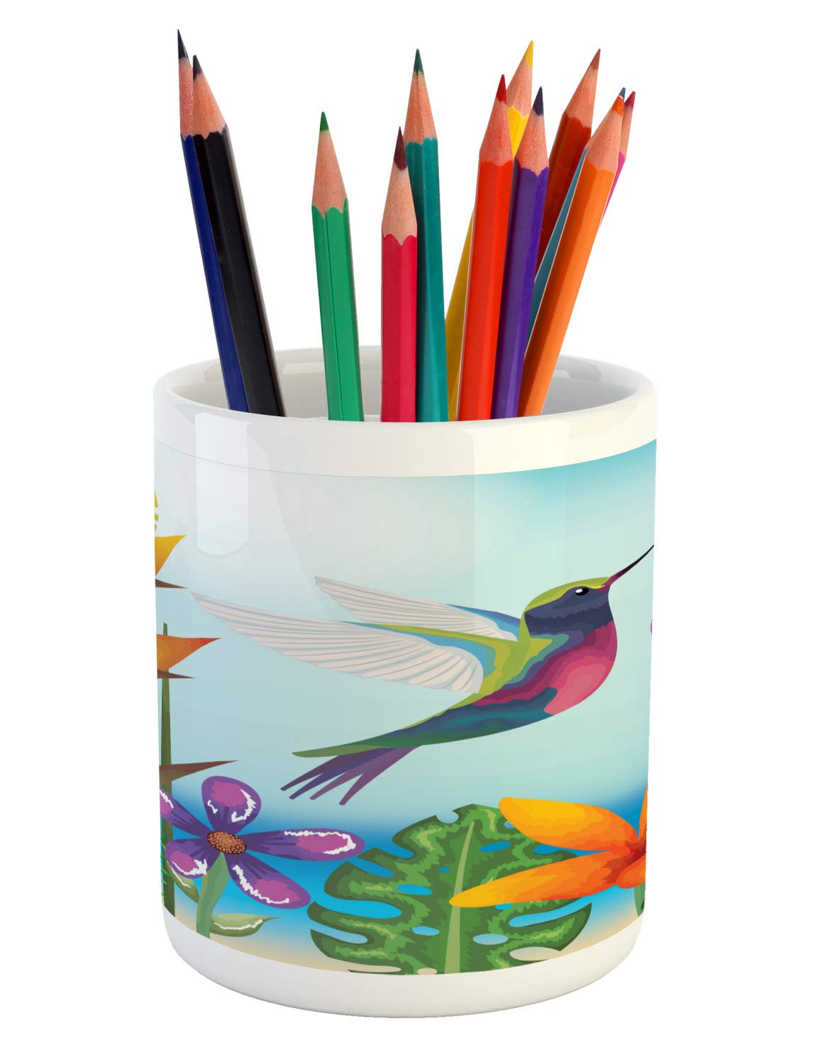 Lunarable Aloha Ceramic Pen Holder - Exotic Tropical Garden Design with Colorful Flowers, Jungle Leaves & Hummingbird - Desk Organizer for Office, Home & School Use | Perfect Gift for Writers & Students