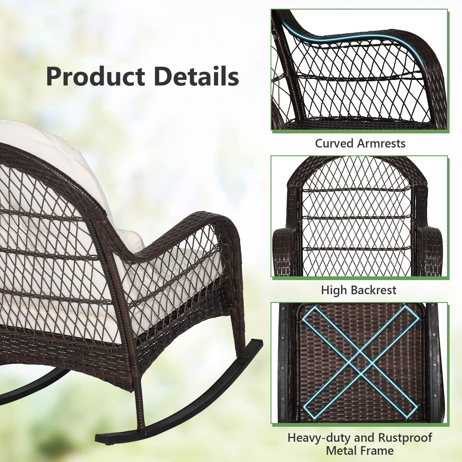Tangkula Outdoor Wicker Rocking Chair with Cushions - Patio Rattan Rocker with Seat Back & Waist Pillow, Sturdy Metal Frame, Mix Brown Color - Perfect for Balcony, Porch, Backyard, Garden Relaxation (1, Off White)