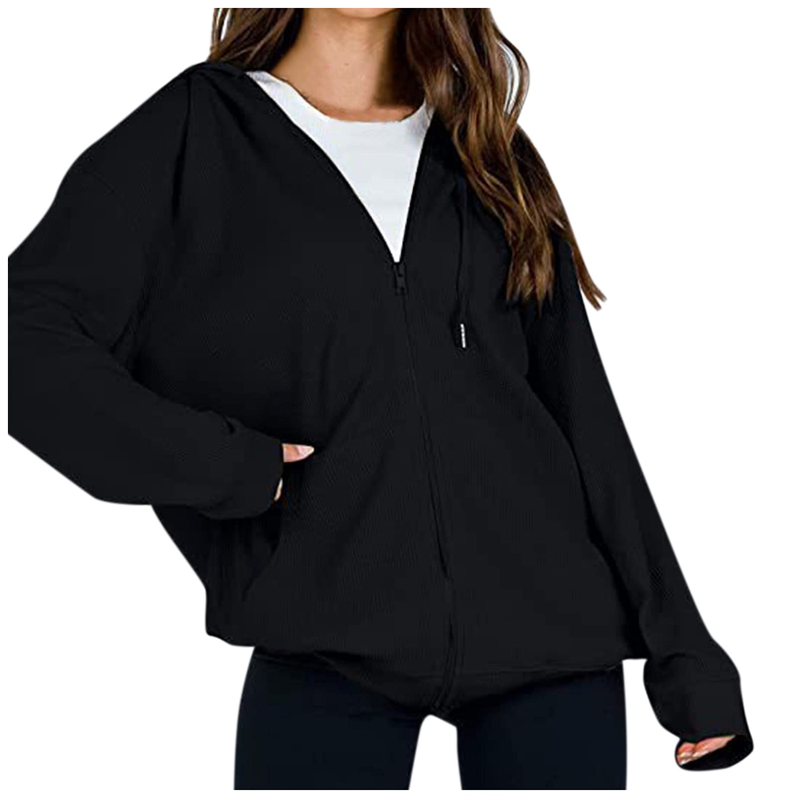 CLOTHBEST Women's Oversized Waffle Zip-Up Hoodie Sweatshirt with Pockets - Lightweight Winter Jacket & Casual Outerwear for Everyday Wear, Lounging, and Outdoor Activities