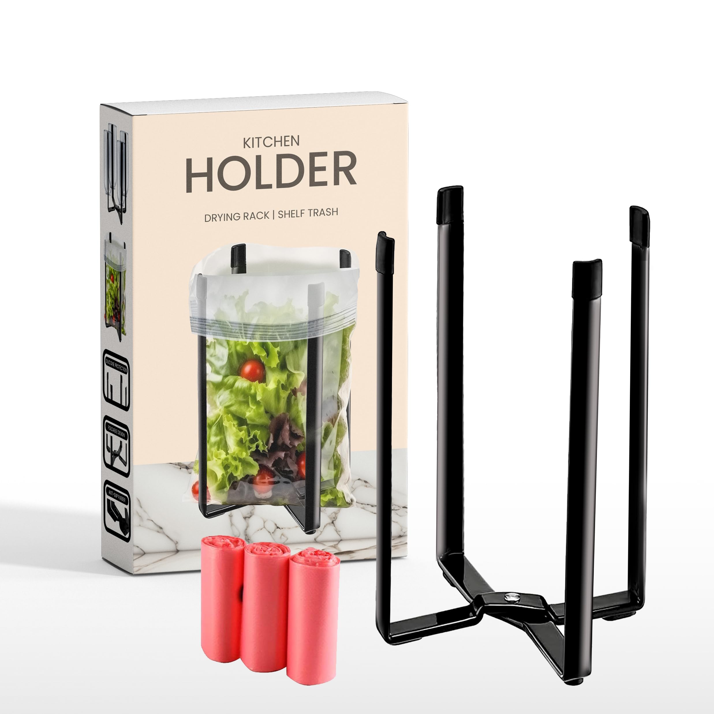 Performore - Multifunctional Eco Kitchen Stand Holder & Drainer, Wine Decanter Drying Rack - Collapsible Storage Organizer for Plastic Bags, Bottles & Cups (50 Bags Included) | Perfect for Small Spaces, Dish Drying & Countertop Organization