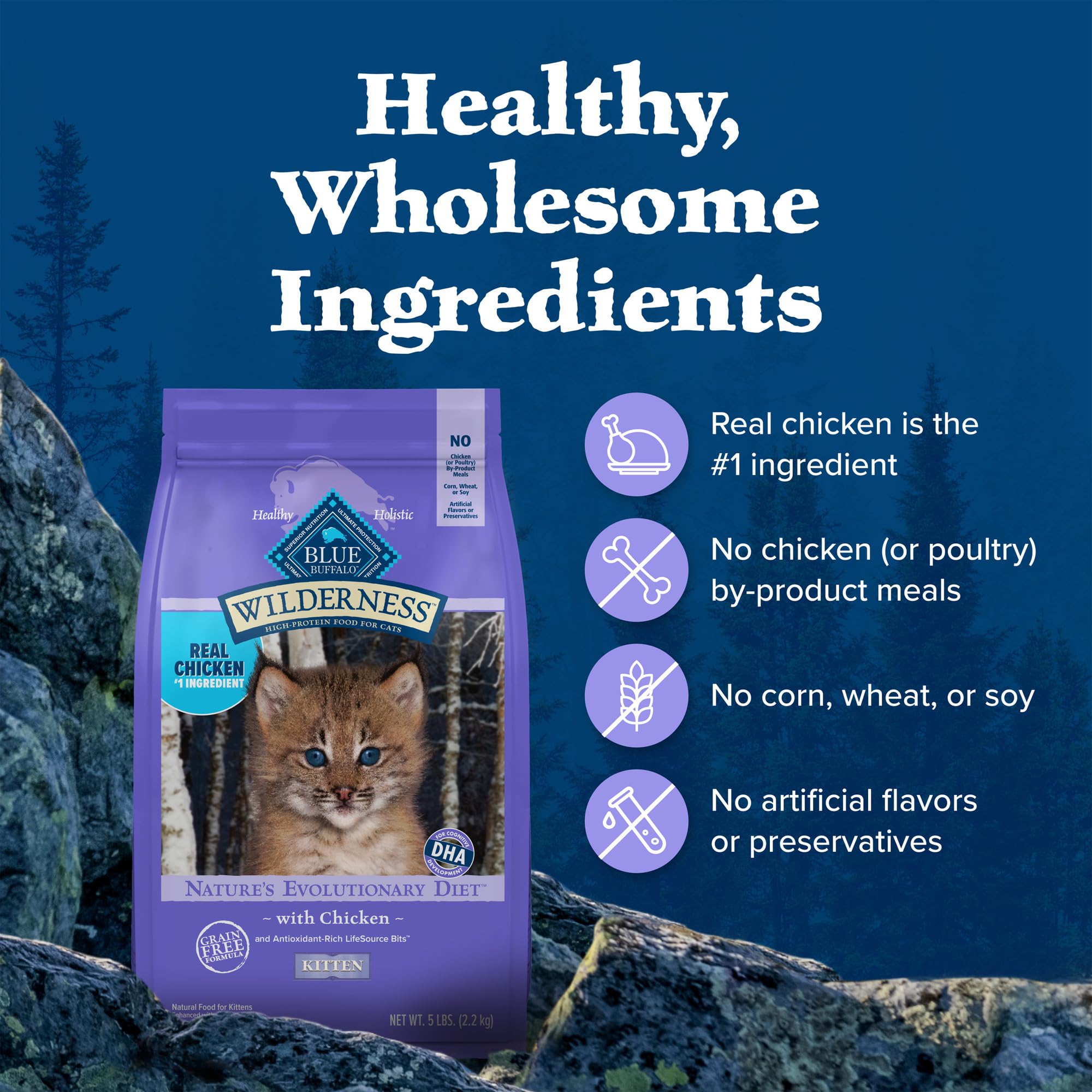 Blue Buffalo Wilderness High-Protein Chicken Kitten Dry Cat Food - Natural Grain-Free Recipe for Growing Kittens - 2 lb Bag - Perfect for Indoor & Outdoor Active Kittens