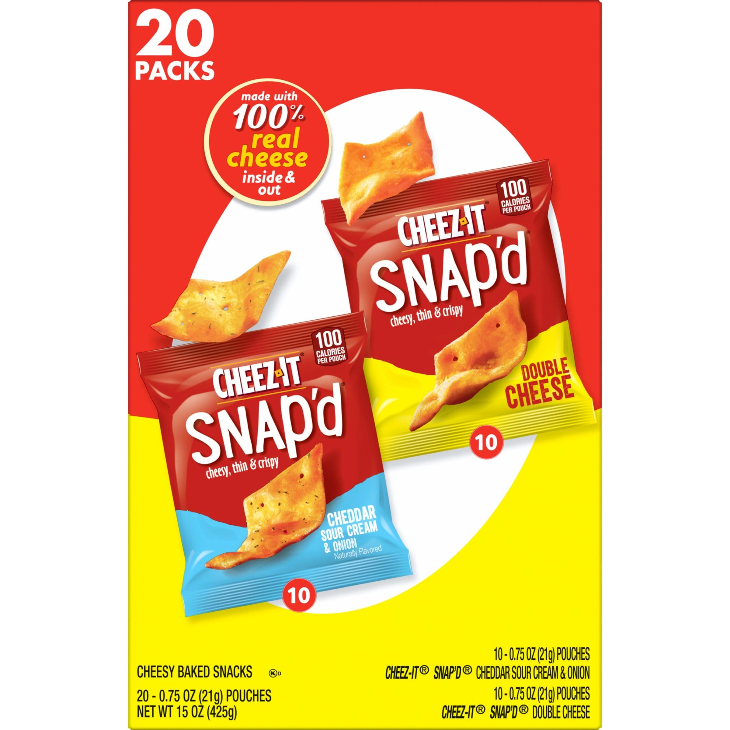 Cheez-It Snap'd Thin & Crispy Cheese Cracker Chips - Variety Pack (15oz Box, 20 Packs) - Perfect for Lunch Snacks, Office Break, School Lunch & Party Platters