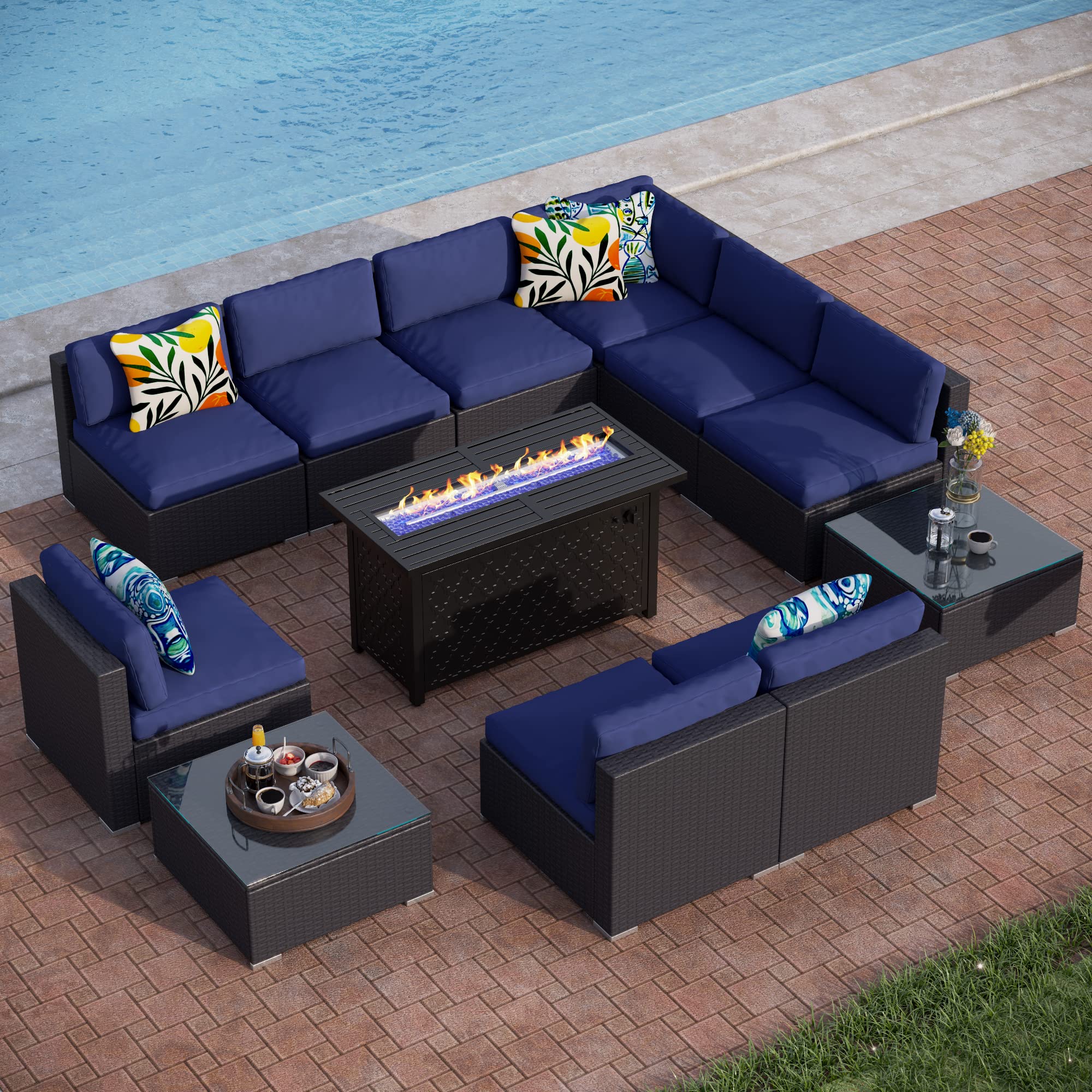 PHI VILLA 12-Piece Outdoor Patio Furniture Set with 50,000 BTU Fire Pit Table - Wicker Sectional Sofa Conversation Set, CSA Approved 45