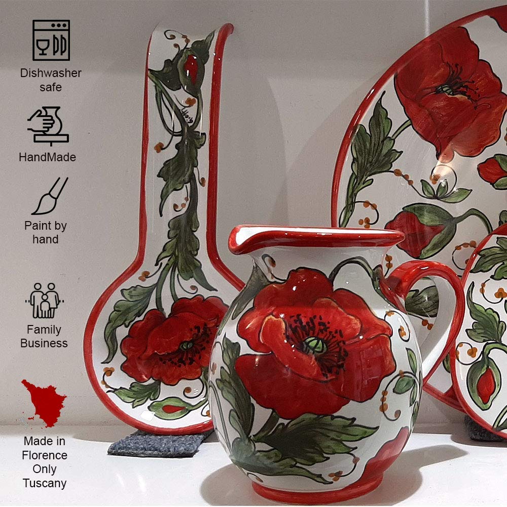 Italian Ceramic Pitcher with Poppies Design - 16oz Hand-Painted Kitchen Carafe, Utensil Holder & Wine Dispenser - Tuscan Pottery Vase for Home Decor - Perfect for Rustic Kitchens, Farmhouse Dining & Gift Giving - Made in Italy
