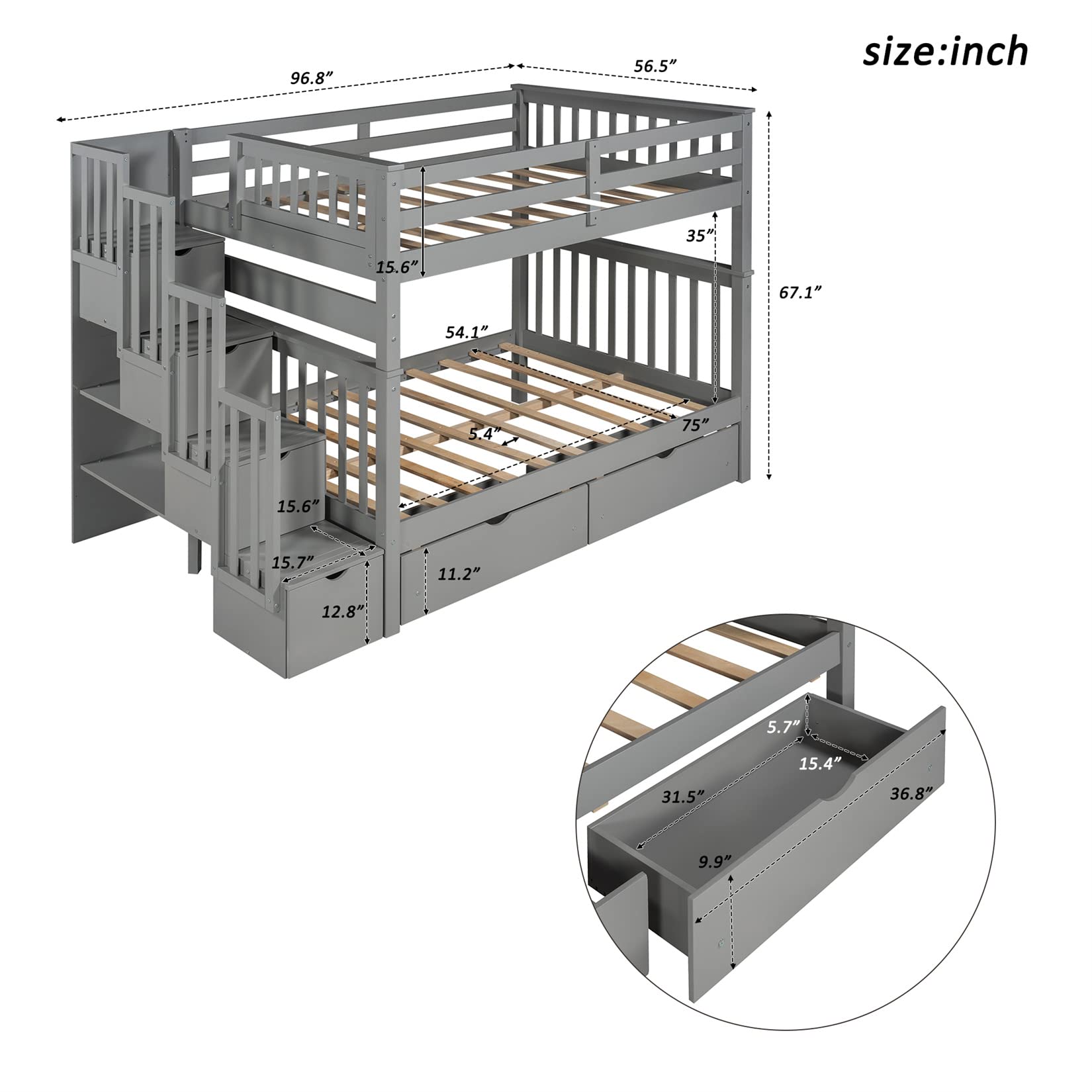 Full Over Full Bunk Bed with Storage & Stairs - Space-Saving for Kids & Adults