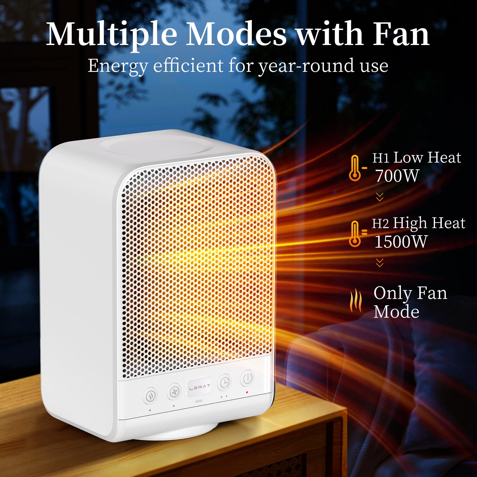 Lerat 1500W PTC Ceramic Space Heater - Portable Electric Heater with Thermostat, 3 Heating Modes & 1-12H Timer - Fast Heating for Office, Bedroom & Home Use (White) | Energy Efficient Indoor Heating Solution for Winter & Cold Weather