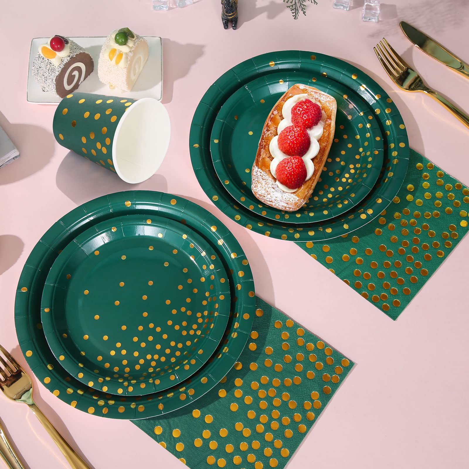200Pcs Emerald Green & Gold Party Plates and Napkins Set - Elegant Birthday, Father's Day, Graduation Party Supplies for Weddings, Baby Showers & Holiday Celebrations