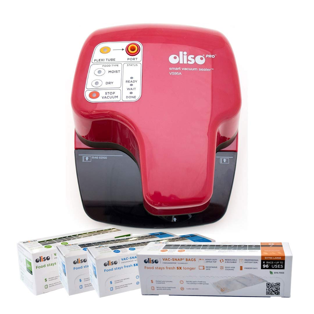 Oliso Pro VS95A Smart Vacuum Sealer Machine with 40 Bags (20 Large 1 Gallon, 14 Medium 1 Quart, 6 Jumbo 2 Gallon) - Red | Food Preservation System for Sous Vide, Meal Prep & Freezer Storage | Compact Kitchen Appliance for Home Use