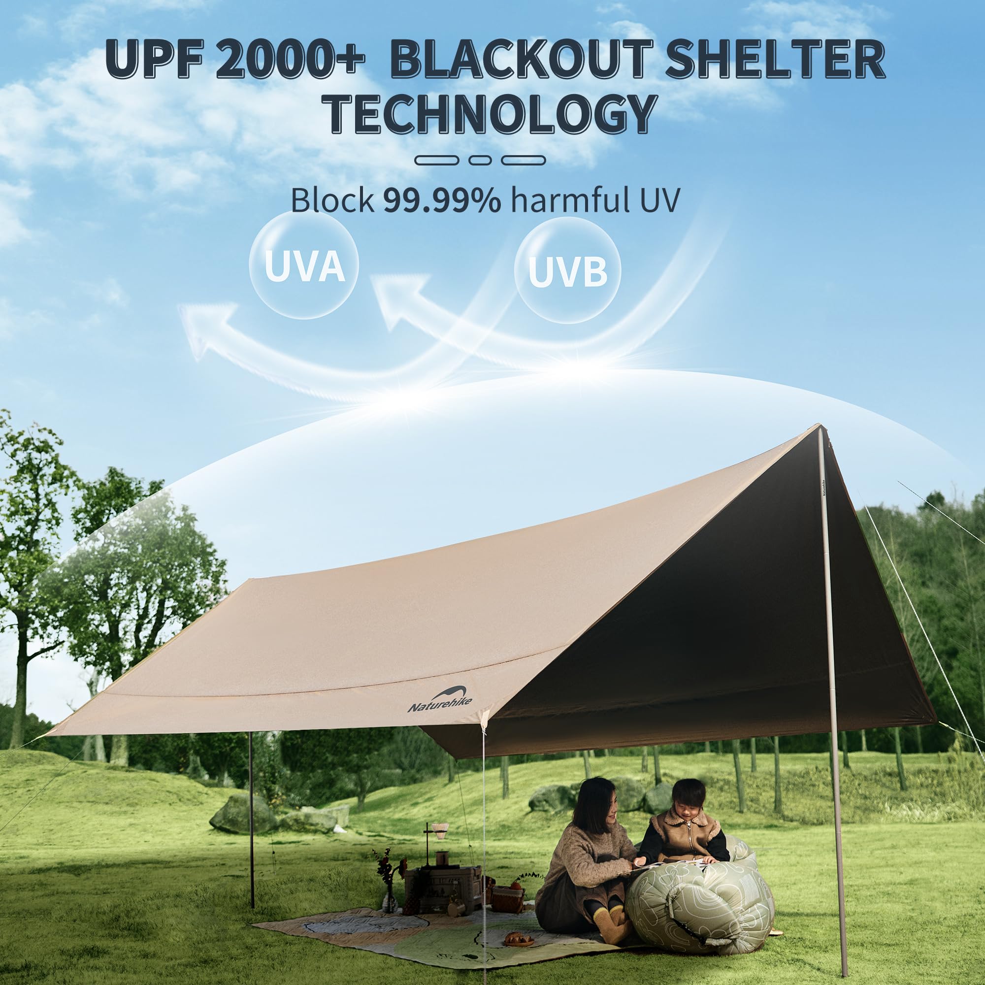 Naturehike Waterproof Camping Tent Tarp with Poles - PU 18000mm+ Rainproof, UV Protection UPF2000+ Sun Shelter - Lightweight Outdoor Canopy for Camping, Hiking, Beach, Picnic & Backyard Parties (16.4x12.5ft) CNK2350WS015