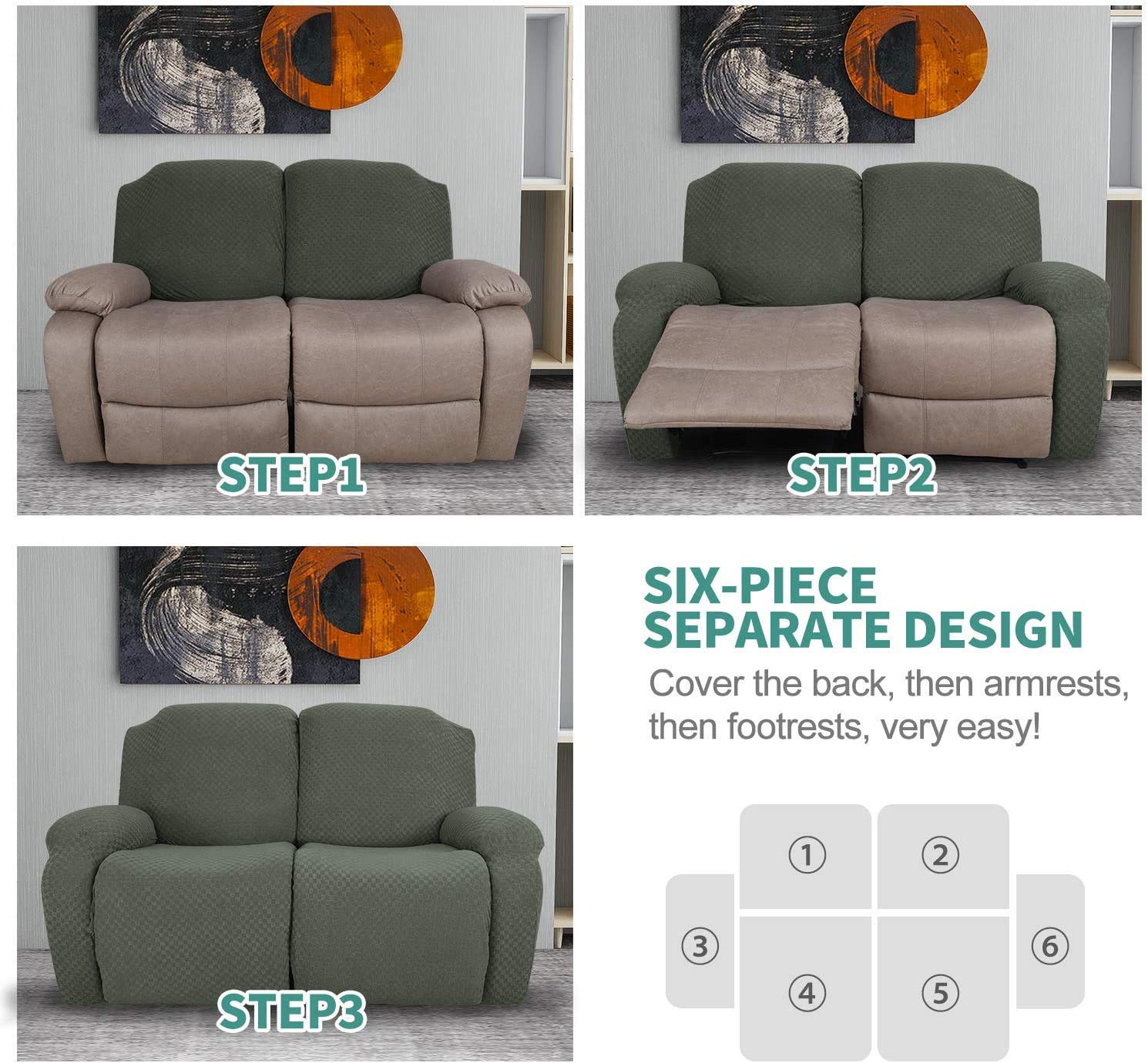 6-Piece Stretch Loveseat Recliner Slipcover - Jacquard Recliner Sofa Cover with Side Pockets & Elastic Bottom - Furniture Protector for Couches, Chairs (Army Green) - Perfect for Living Room, Family Room & Home Theater Seating Protection