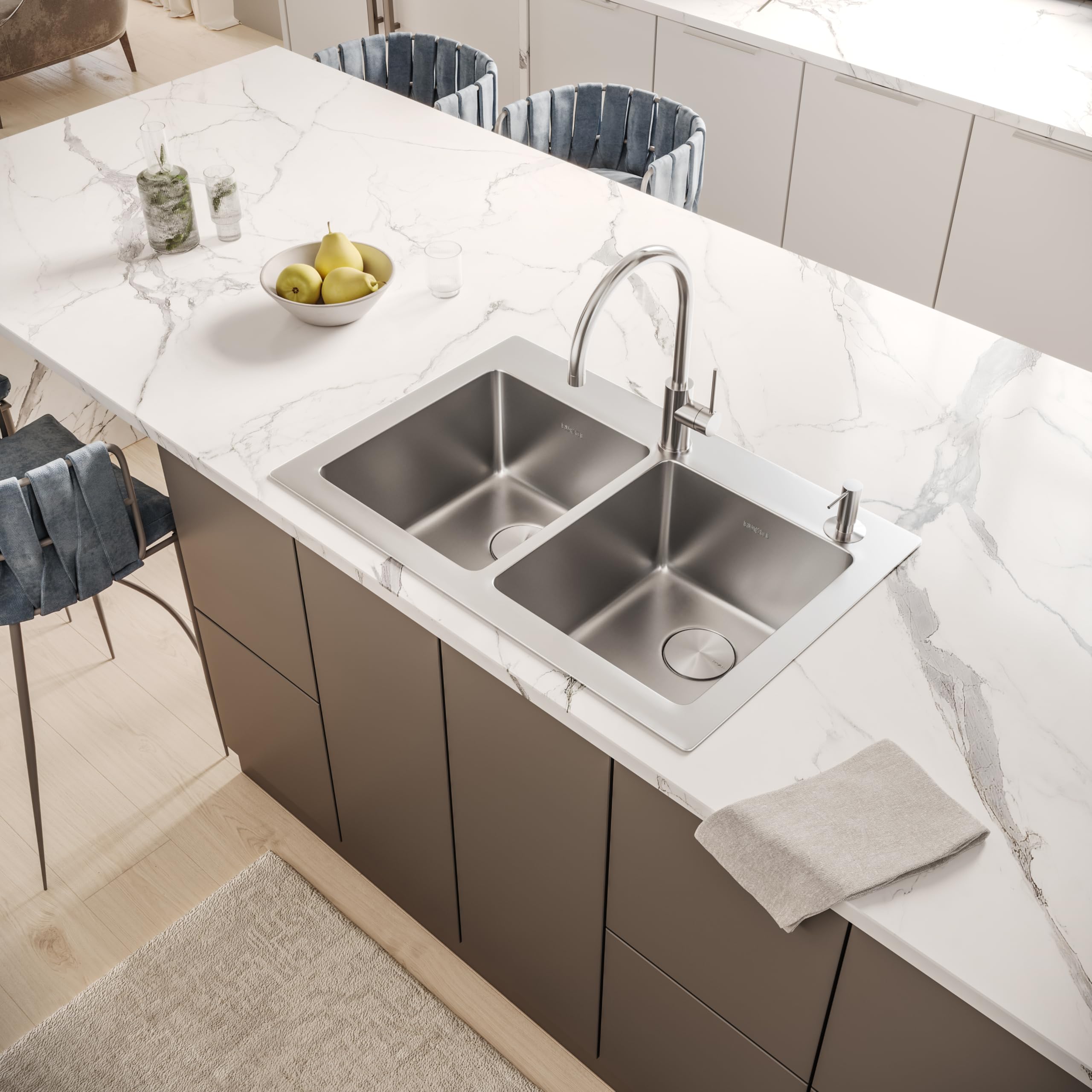Ruvati 33 x 22 Inch Topmount Double Bowl Kitchen Sink - 16 Gauge T-304 Stainless Steel Drop-in Sink with Brushed Finish - Perfect for Modern Kitchens, Dishwashing & Food Prep (Model RVM5150)