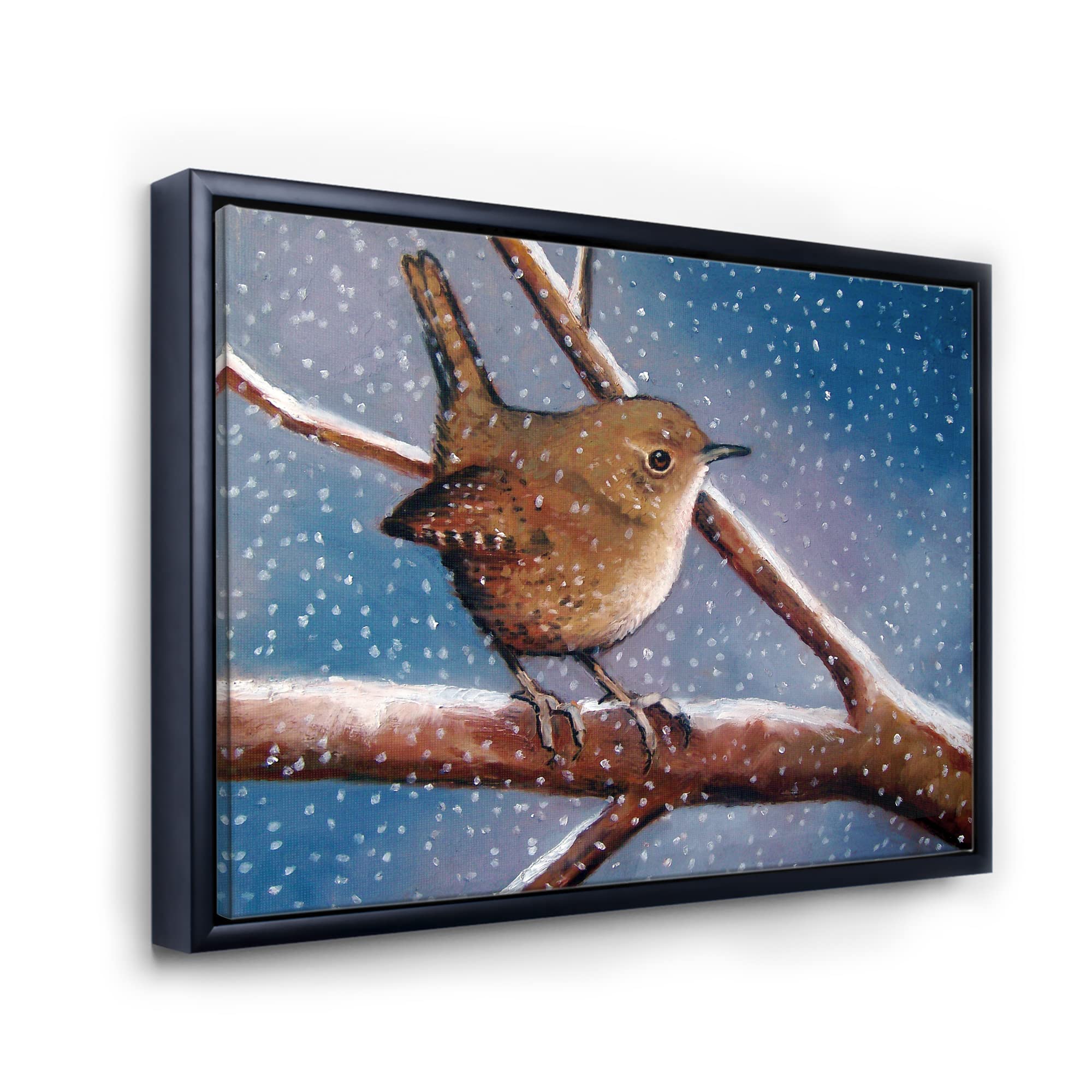 DesignQ Wren In Winter - Farmhouse Framed Canvas Wall Art Print - Rustic Home Decor for Living Room, Bedroom & Office - Perfect Christmas Gift & Seasonal Wall Decor