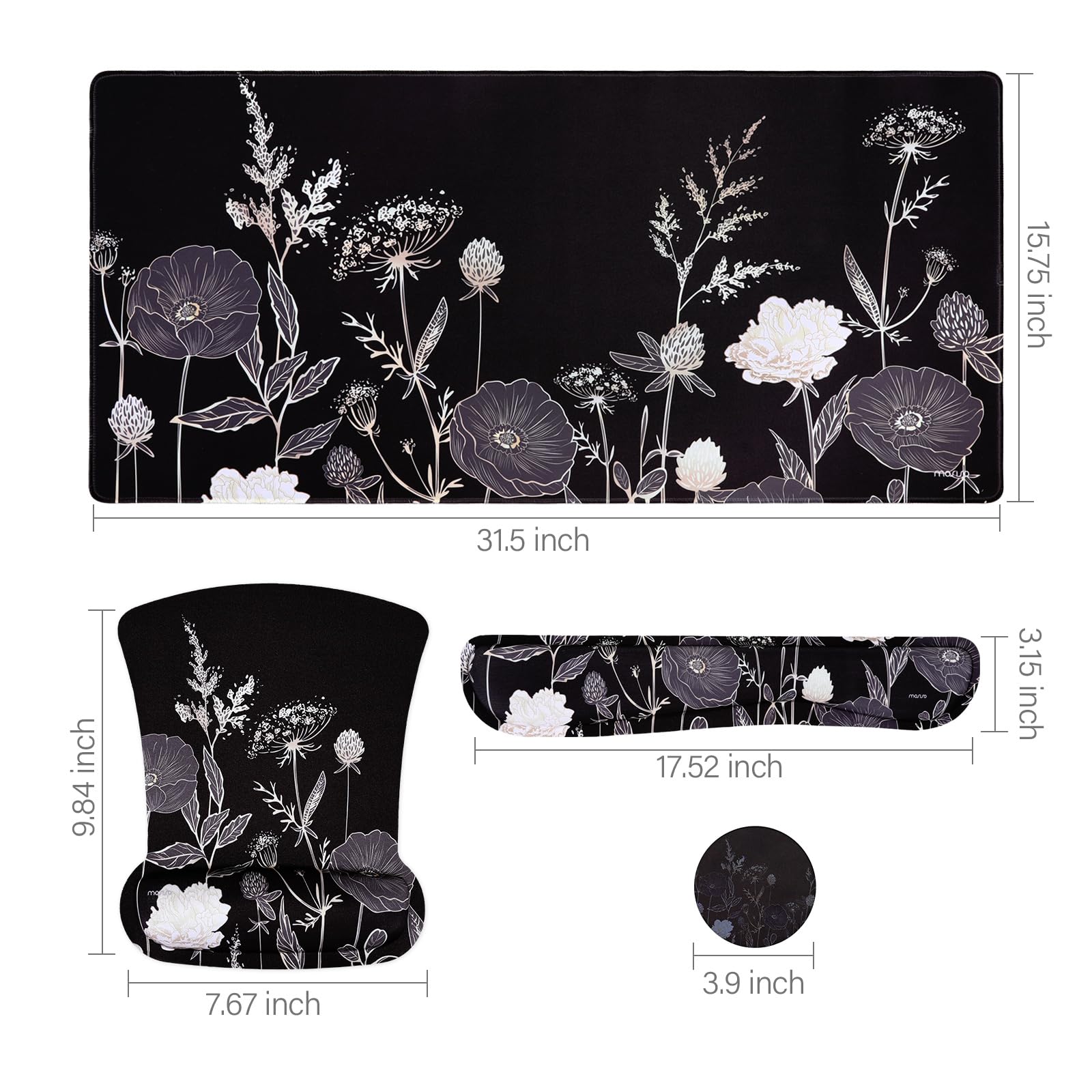 MOSISO Gaming Mouse Pad Set with Wrist Rest - Non-Slip Floral Design for Home Office & PC Gaming