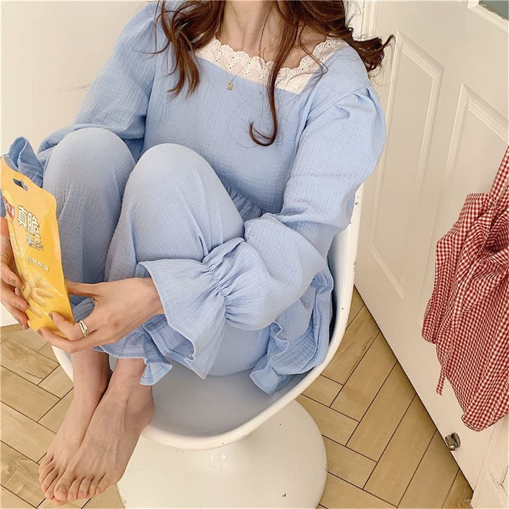 ZLDGYG Women's Patchwork Pajama Set - Long Sleeve Top & Ankle Pants Sleepwear - Cozy Lounge Wear for Teens with Ruffles (Blue, Large) - Perfect for Sleepovers, Relaxing at Home & Gift Giving