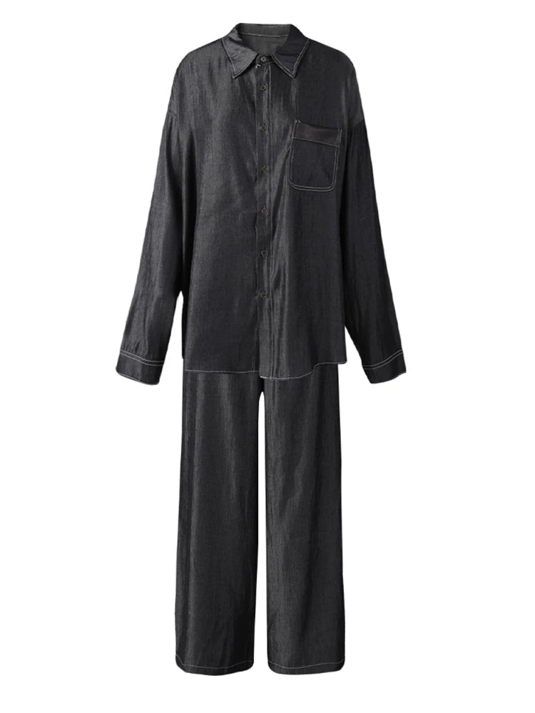 Big Size Gray Shirt & Wide Leg Pants Two-Piece Suit for Women - 2025 Fashion Trendy Lapel Long Sleeve Outfit (CPG3103) | Perfect for Office Wear, Spring/Autumn Fashion & Casual Chic Looks