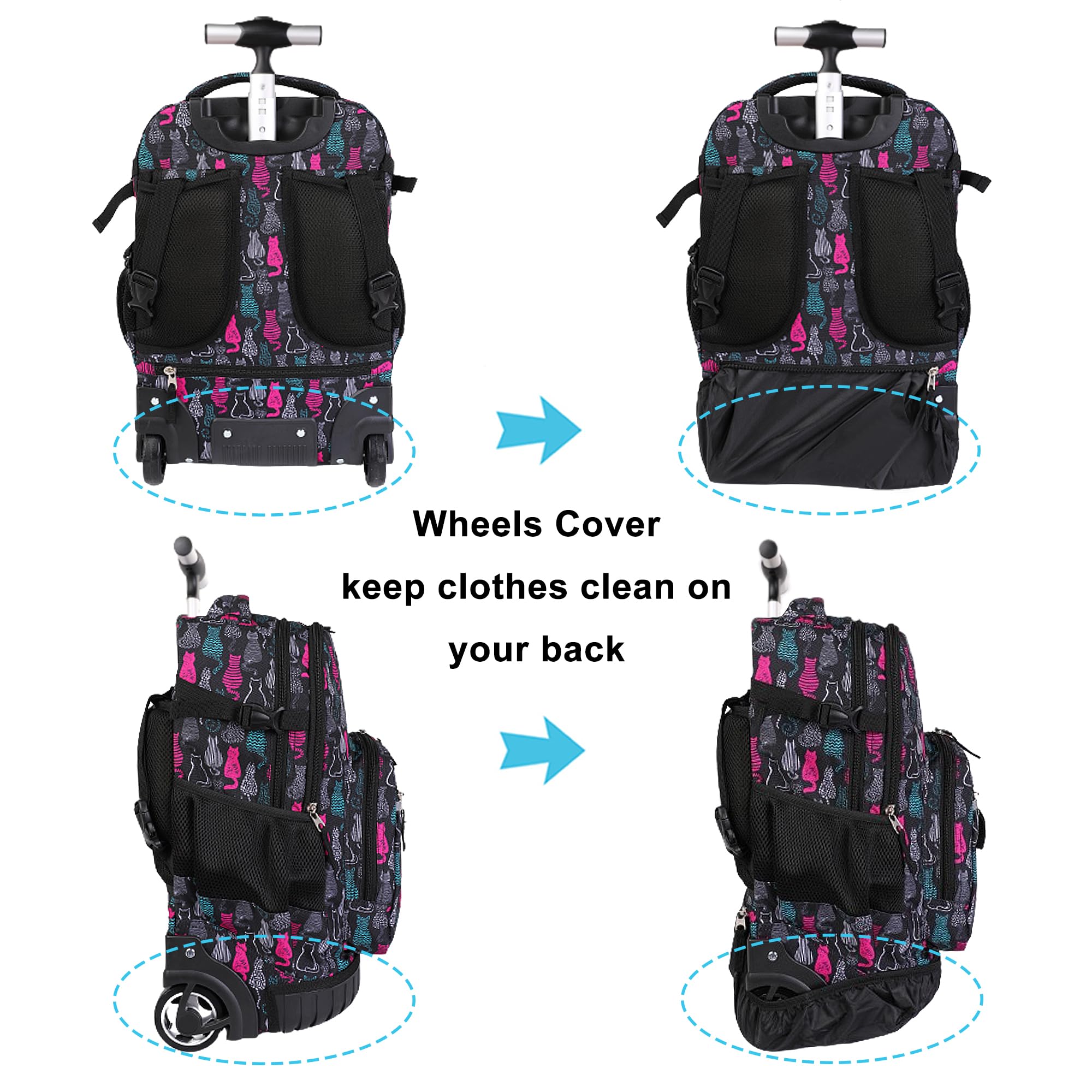 Tilami 19 Inch Rolling Backpack with Lunchbox - Wheeled Laptop Backpack for School & Travel - Durable Cat Black Design for Students & Professionals