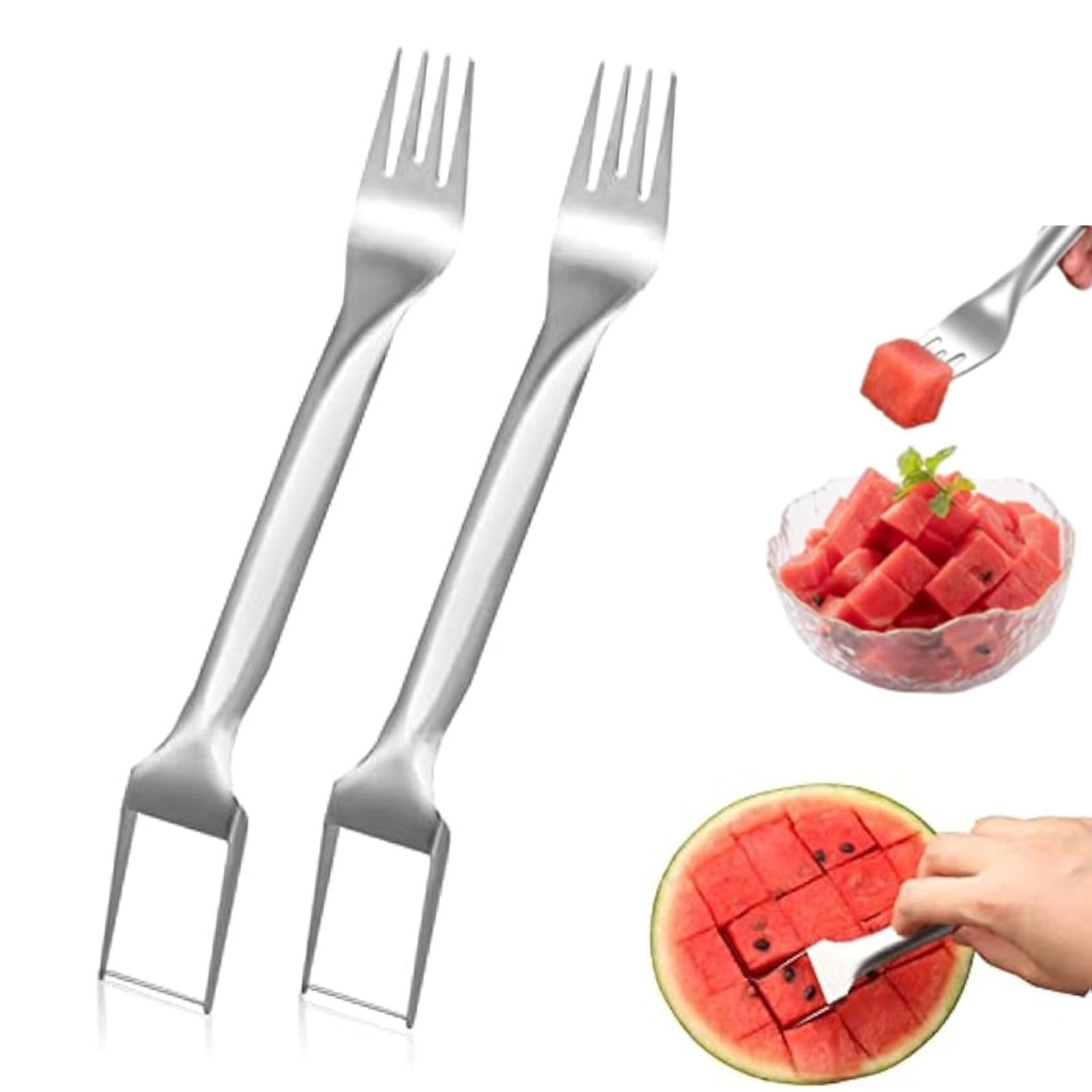 2-in-1 Stainless Steel Watermelon Slicer & Fork Set - 2PCS Fruit Cutting Tool for Watermelons, Melons & Pineapples - Perfect for BBQ, Picnics, Camping & Family Parties