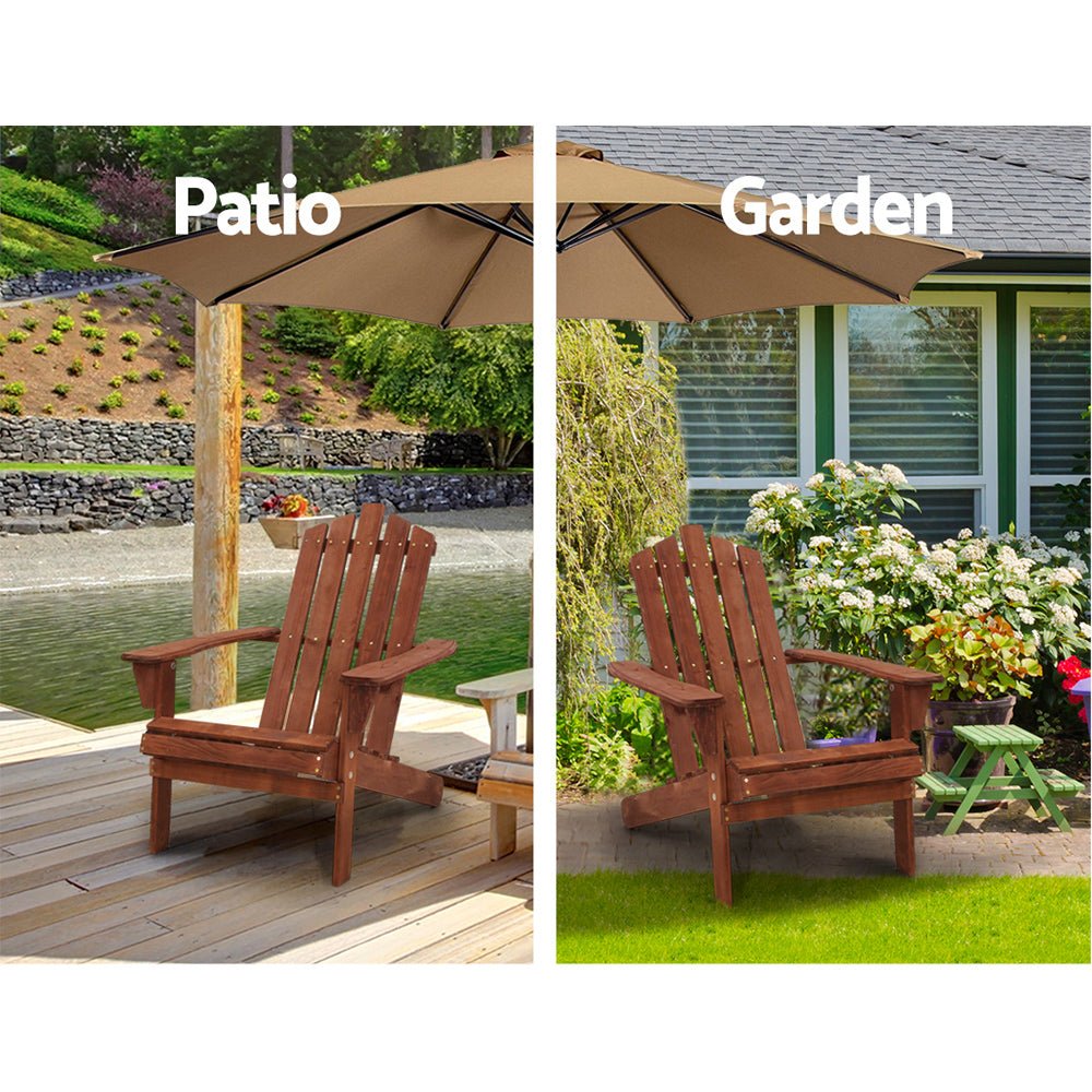3-Piece Adirondack Outdoor Table and Chairs Set - Solid Wood Patio Furniture, Brown - Perfect for Beach, Garden, Deck, and Backyard Relaxation