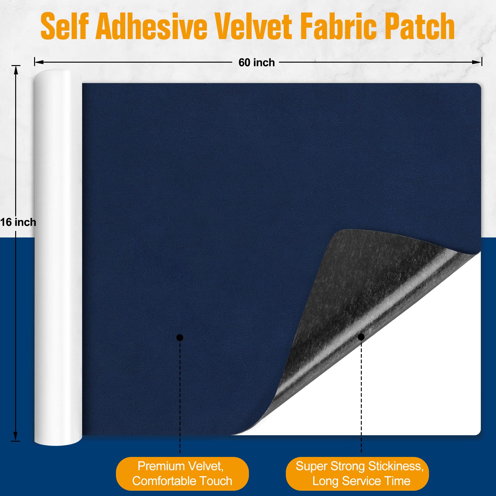 ILOFRI Self-Adhesive Velvet Fabric Patch Tape 16x60 Inch - Durable Flannel Upholstery Repair Kit for Sofa, Car Seats, Office Chairs, Carpets & DIY Crafts (Navy Blue) - Perfect for Furniture Restoration, Home Decor & Fabric Repair Projects