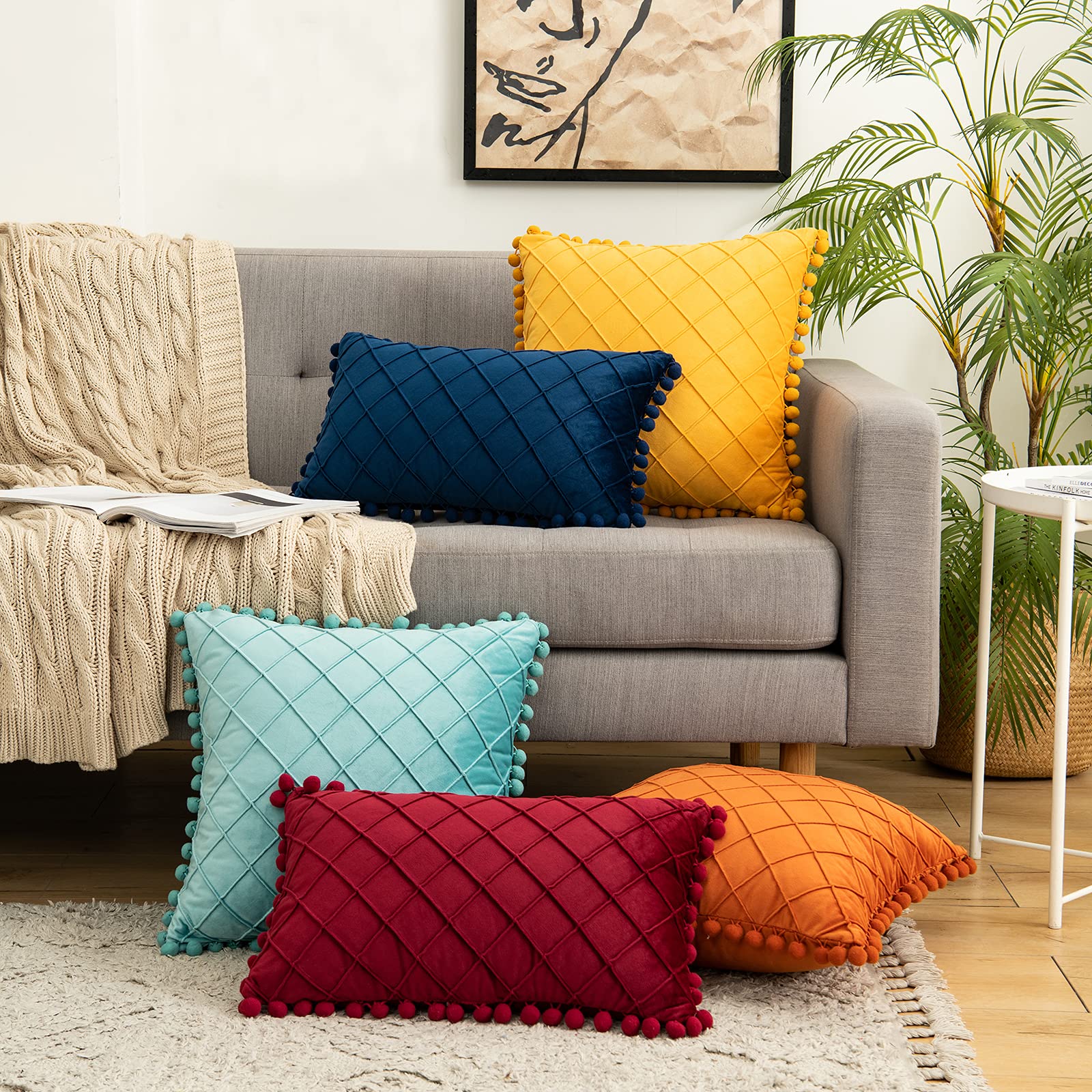 Soft Velvet Throw Pillow Covers Set of 2 - 12x20 Inch Decorative Square Plaid Cushion Covers with Pom Poms (Blue) for Living Room, Bedroom & Sofa Decor