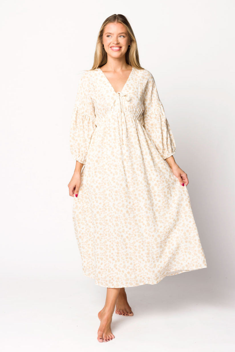 Hunter 100% Cotton Gauze Midi Dress - Natural/Fawn Floral Print | Bump Friendly Maternity Dress | Perfect for Summer, Beach & Pregnancy Photoshoots