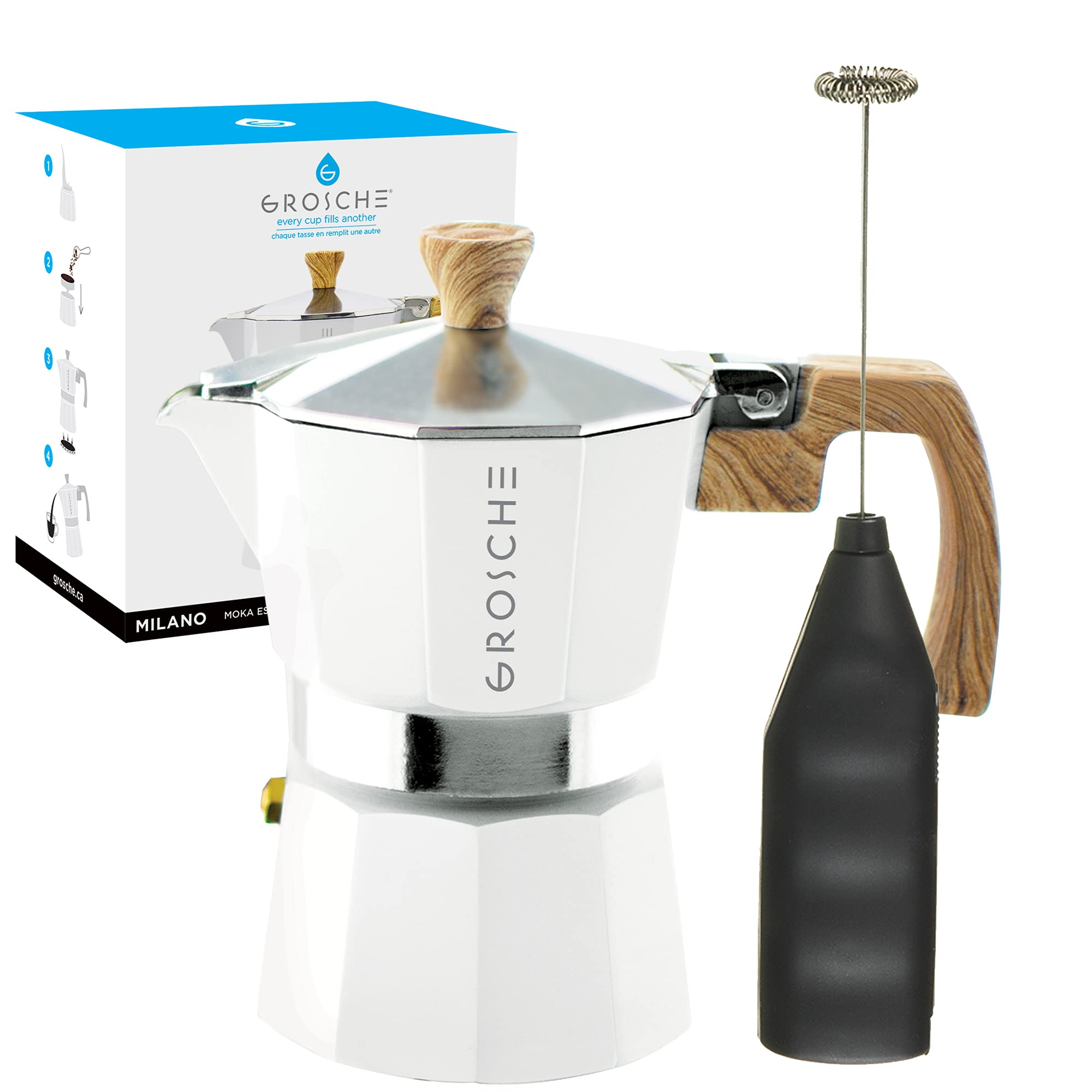 GROSCHE Milano Stove Top Espresso Maker - 3 Cup (5 oz) with Battery Operated Milk Frother - Perfect for Lattes, Cappuccinos & Home Coffee Brewing - White Bundle for Coffee Enthusiasts
