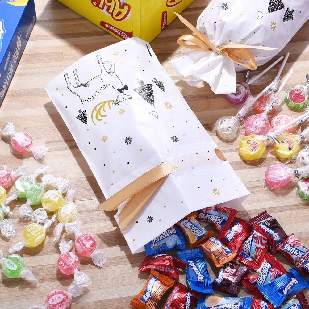 50pcs Plastic Treat Bags with Bows | Drawstring Gift Bags for Candy, Cookies & Party Favors | Christmas Goodie Bags (14.7x23.5x6cm) - Perfect for Holiday Gifting, Birthday Parties & Wedding Favors