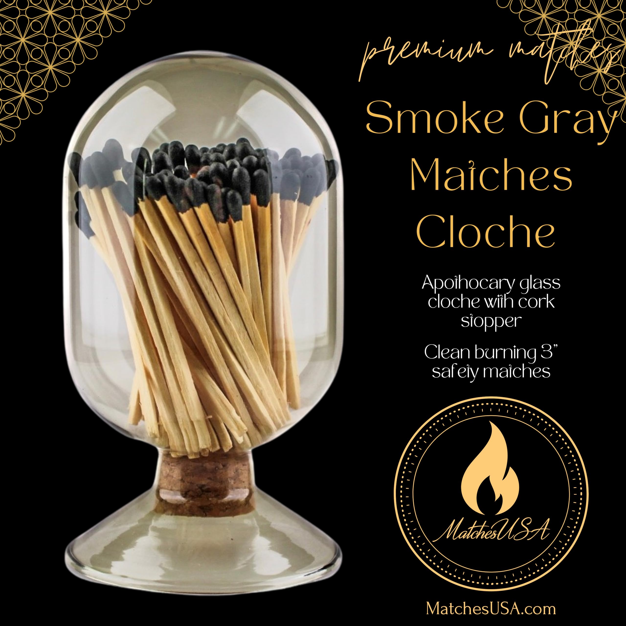 Smoke Gray Glass Match Cloche with Black Matches - Grey Tinted Decorative Match Holder Jar for Candle Display | Perfect for Home Decor, Wedding Centerpieces & Fireplace Accessories