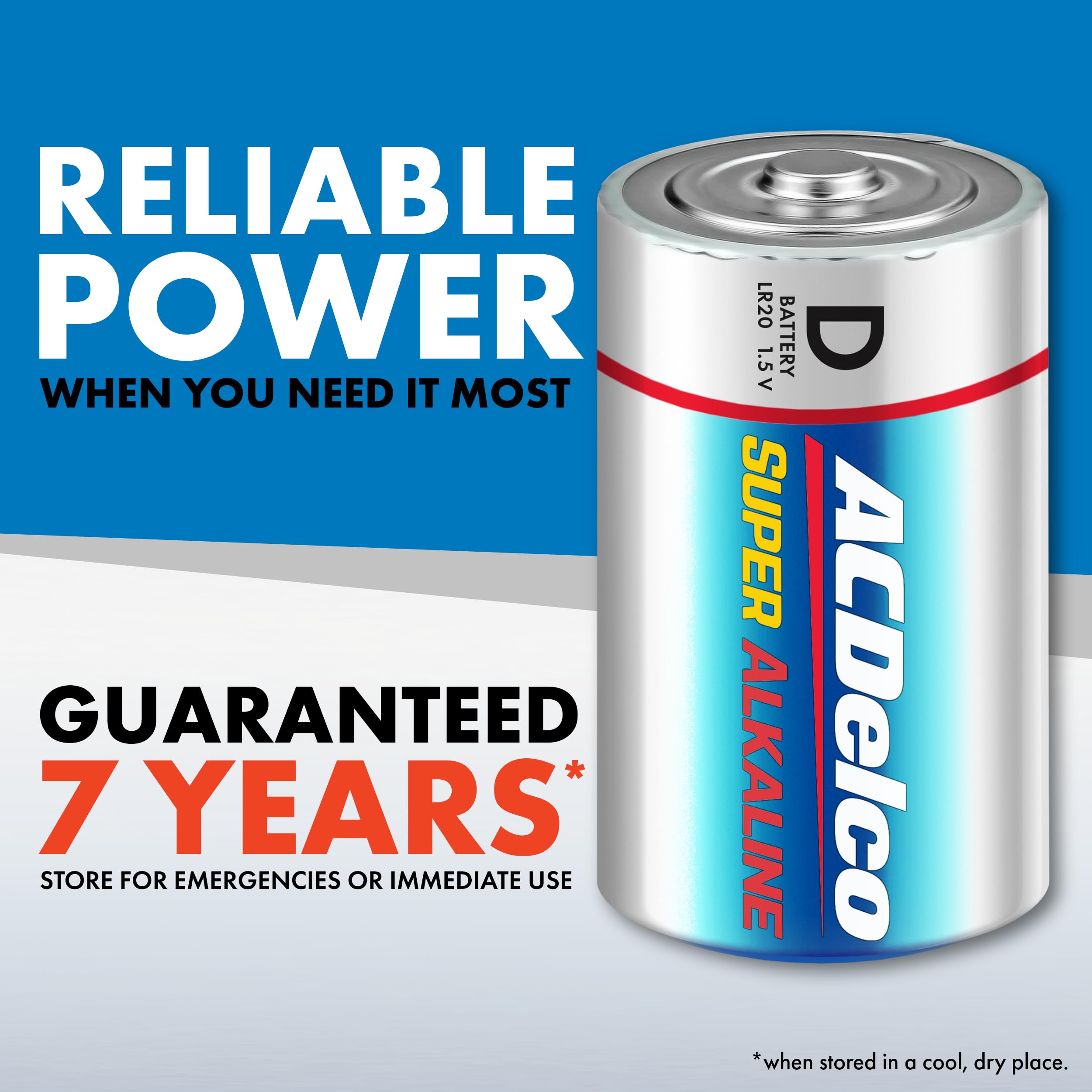 ACDelco 8-Pack Super Alkaline D Batteries - Long Lasting Power, 7-Year Shelf Life, Resealable Packaging - Ideal for Flashlights, Toys, and Emergency Kits