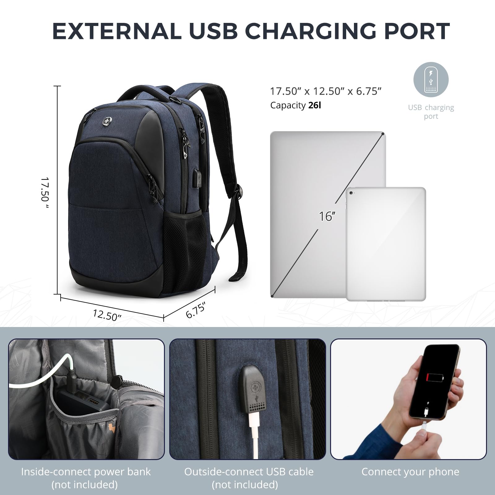 Swissdigital Stylish Travel Laptop Backpack for Men & Women - USB Charging Port Business Backpack Fits 16 Inch Notebook - Perfect for Commuting, College & Business Trips - Blue | ANDWIL