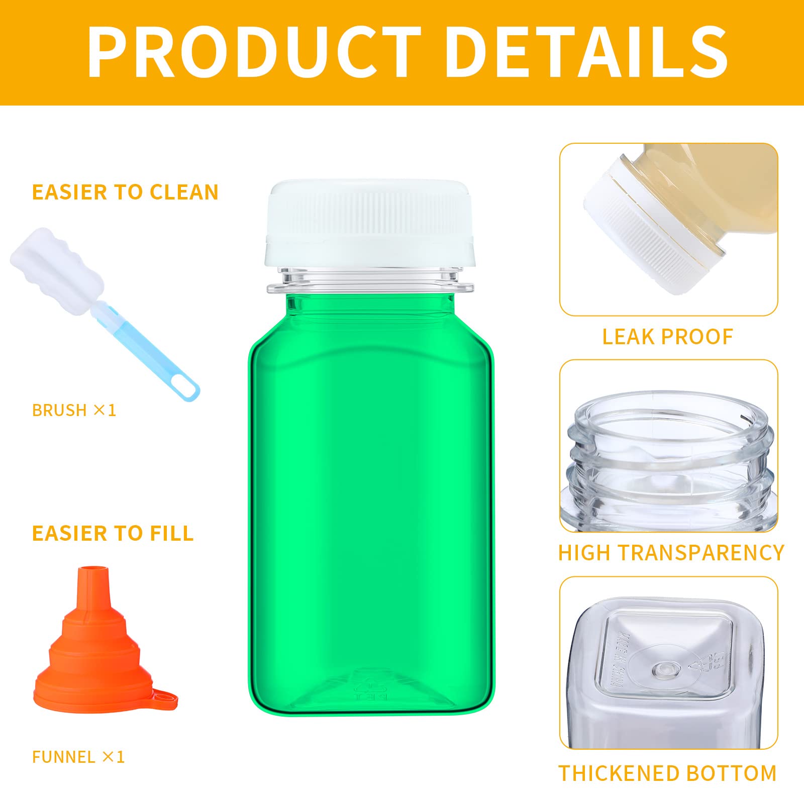 Nuogo 36 Pack 5 oz Plastic Juice Bottles with Lids - Reusable Clear Drink Containers for Juicing, Milk, Water & Beverages | Includes Funnel & Brush | Perfect for Home, Party, Restaurant & Catering (White Lid)