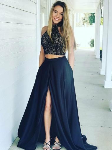 Elegant Navy Halter Two-Piece Prom Dress with Side Slit - Sweet 16 Evening Gown for Formal Dances & Special Occasions | Style 18314