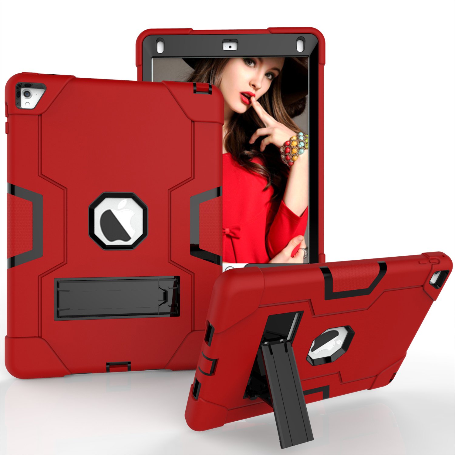 Ankoe Heavy Duty Shockproof iPad Air 2 Case with Kickstand - 3-Layer Protection, High Impact Resistant Hybrid Cover for iPad Air 2/6th Gen (Red & Black) - Perfect for Work, Travel, and Everyday Use